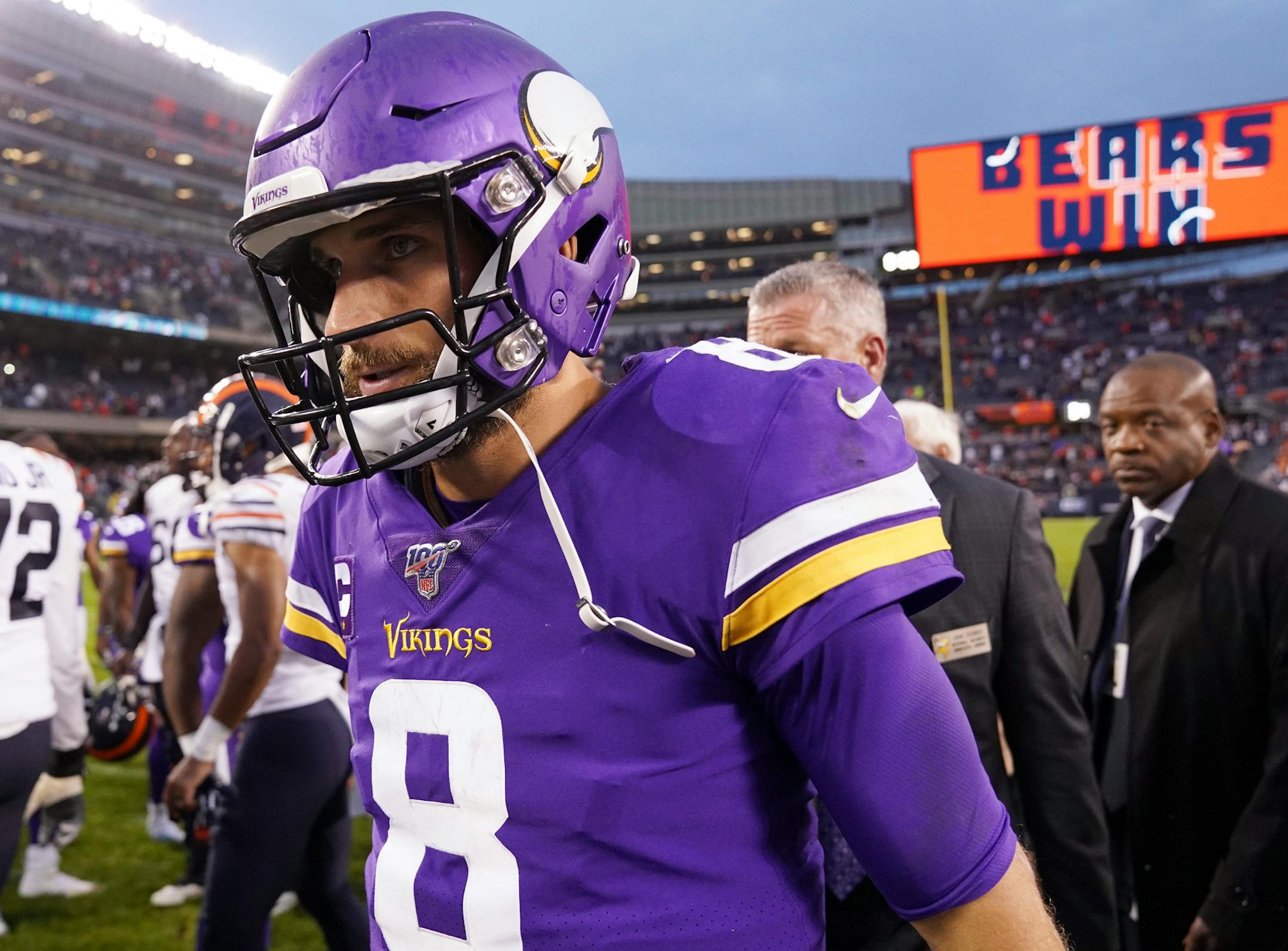 Minnesota Vikings quarterback Kirk Cousins (8) walked off the field after the loss to the Chicago Bears Sunday at Soldier Field. ] ANTHONY SOUFFLE • anthony.souffle@startribune.com The Minnesota Vikings played the Chicago Bears in an NFL football game Sunday, Sept. 29, 2019 at Soldier Field in Chicago.