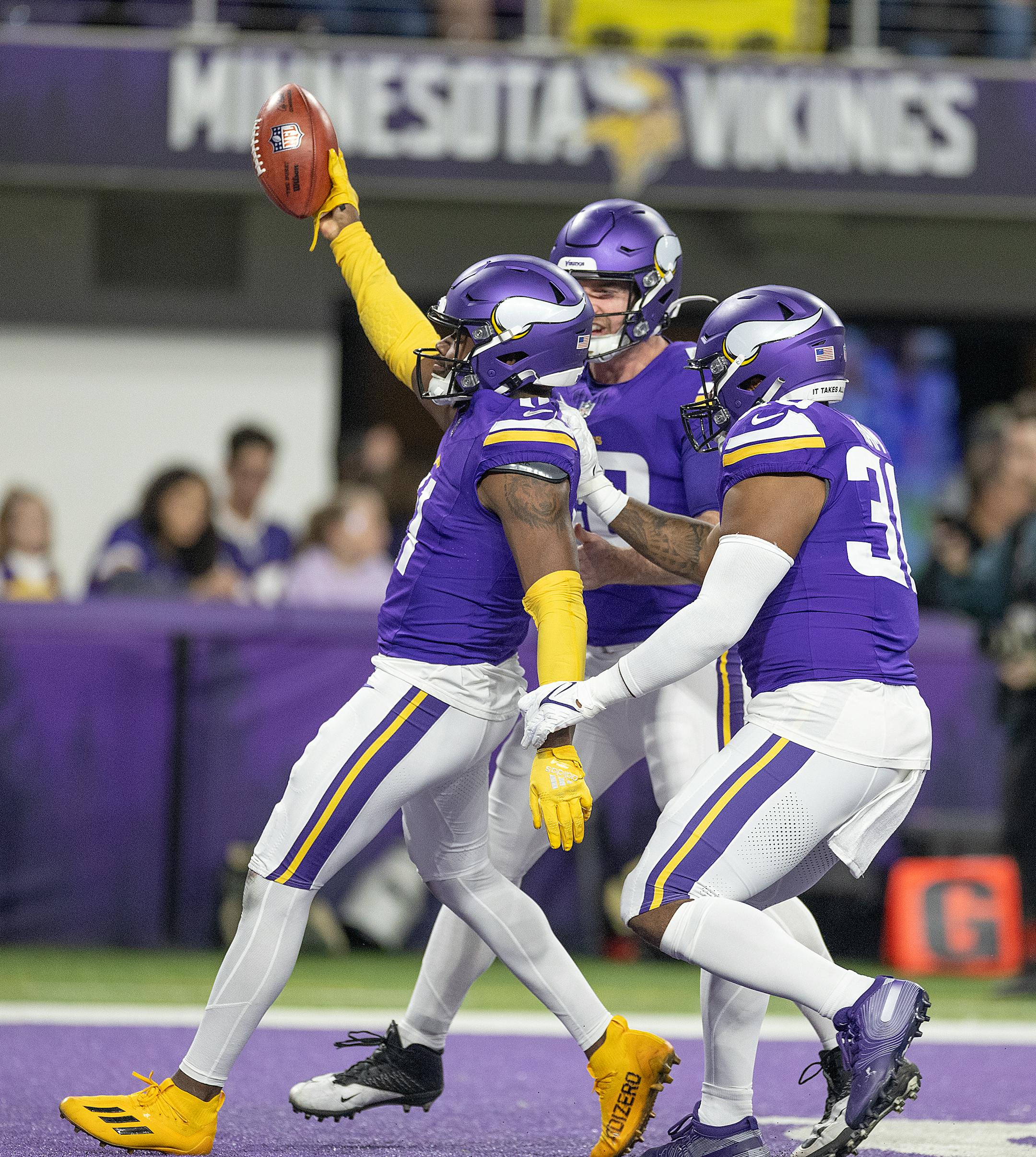 Vikings cornerback NaJee Thompson (11) celebrates a fumble recovery in the fourth quarter at U.S. Bank Stadium, in Minneapolis, Minn., on Sunday, Dec. 31, 2023. ] Elizabeth Flores • liz.flores@startribune.com