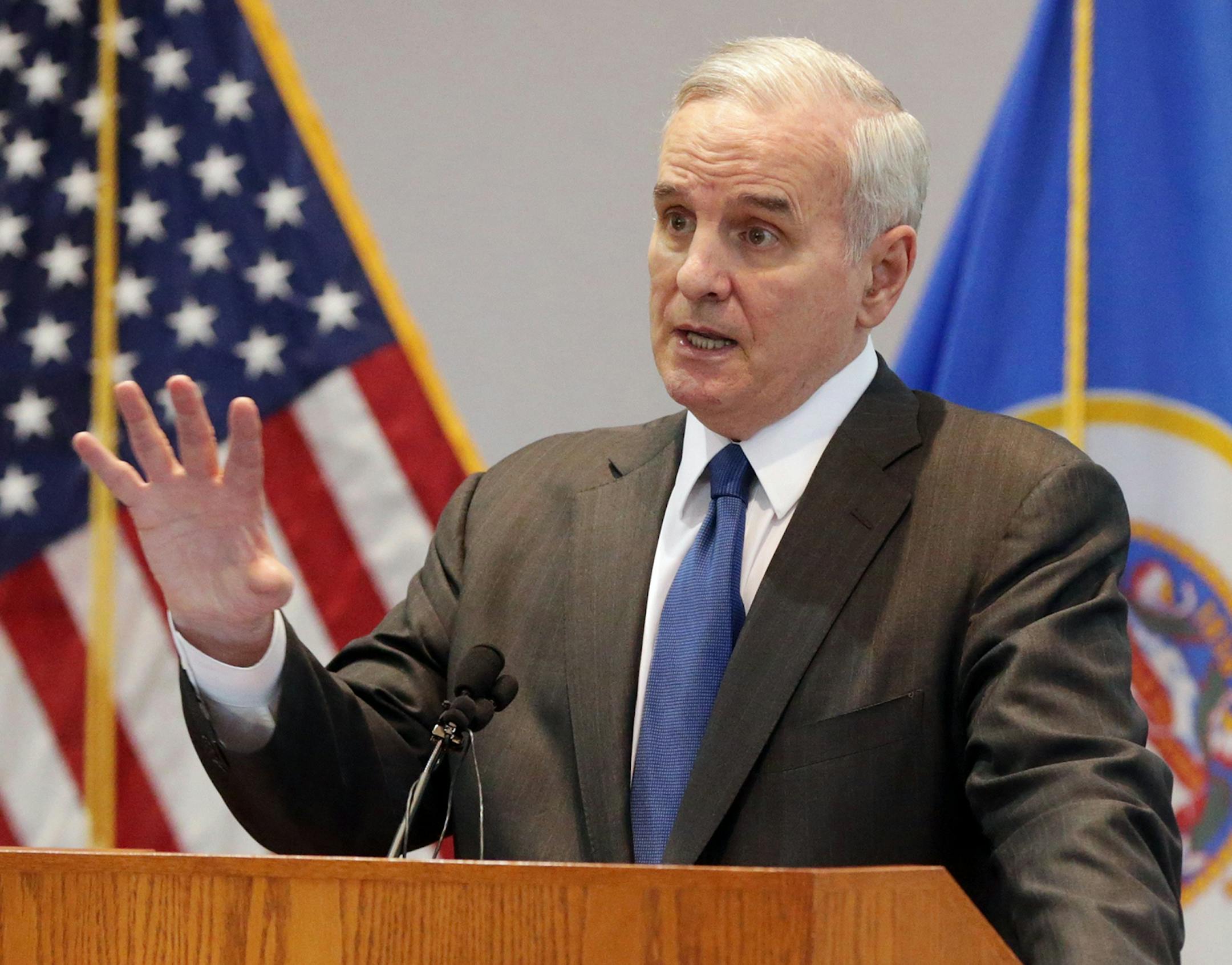 Minnesota Gov. Mark Dayton answers questions after he presented his two-year budget proposal which tops $40 billion, Tuesday, Jan. 27, 2015, in St. Paul, Minn. (AP Photo/Jim Mone) ORG XMIT: MIN2015013014052040