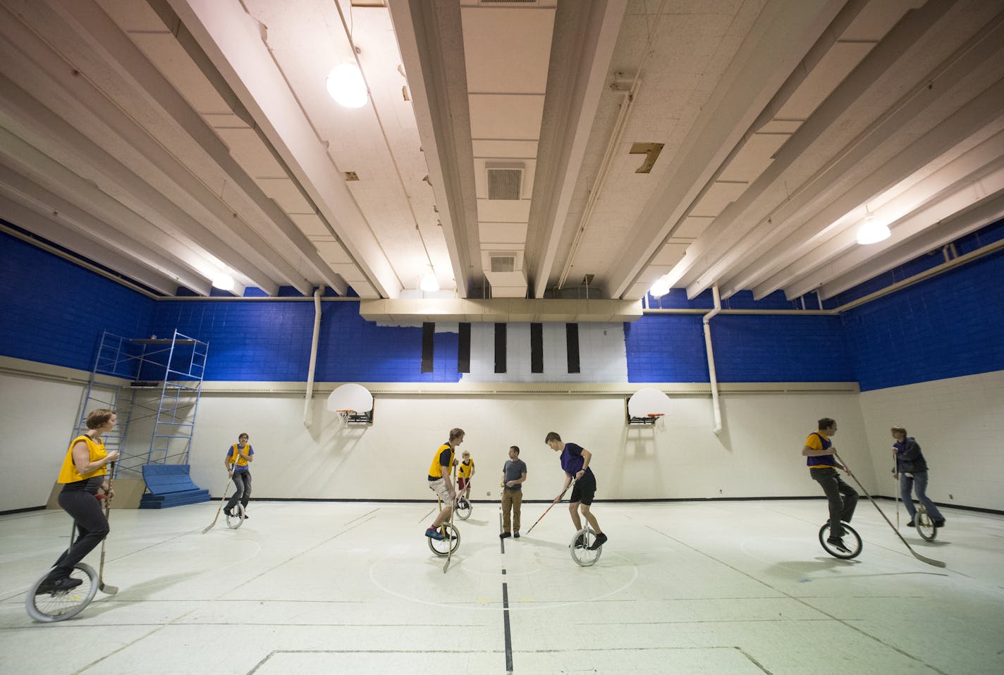 Members of the Twin Cities Unicyclists Club played hockey on Sunday, Jan. 24, at St. Matthew's Church in Columbia Heights. ] (AARON LAVINSKY/STAR TRIBUNE) aaron.lavinsky@startribune.com Minneapolis is home to some of the best unicyclists in the world. Who knew? Meet the zany members of the Twin Cities Unicyclists Club who practice year-round - playing unicycle hockey and basketball, juggling, unicycle racing and more. We photograph the club during a night of unicycle hockey on Sunday, Jan. 24, 2