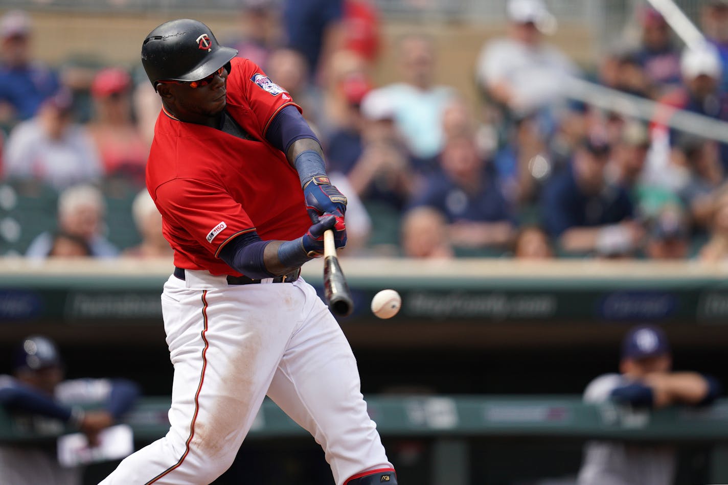 Minnesota Twins third baseman Miguel Sano (22) connected with the ball in the tenth inning. ] ANTHONY SOUFFLE • anthony.souffle@startribune.com The Minnesota Twins played the Tampa Bay Rays in the final game of a three game series following a rain delay Thursday, June 27, 2019 at Target Field in Minneapolis.