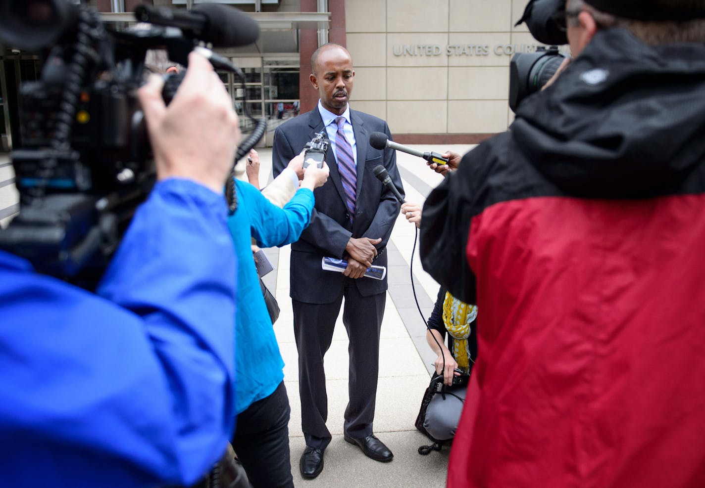 Sadik Warfa, Somali community activist spoke outside the U.S. Courthouse after Hanad Musse pleaded guilty. ] GLEN STUBBE * gstubbe@startribune.com Wednesday September 9, 2015 Hanad Musse pleaded guilty Wednesday in federal court to conspiring to provide material support to a State Department-designated terrorist organization.