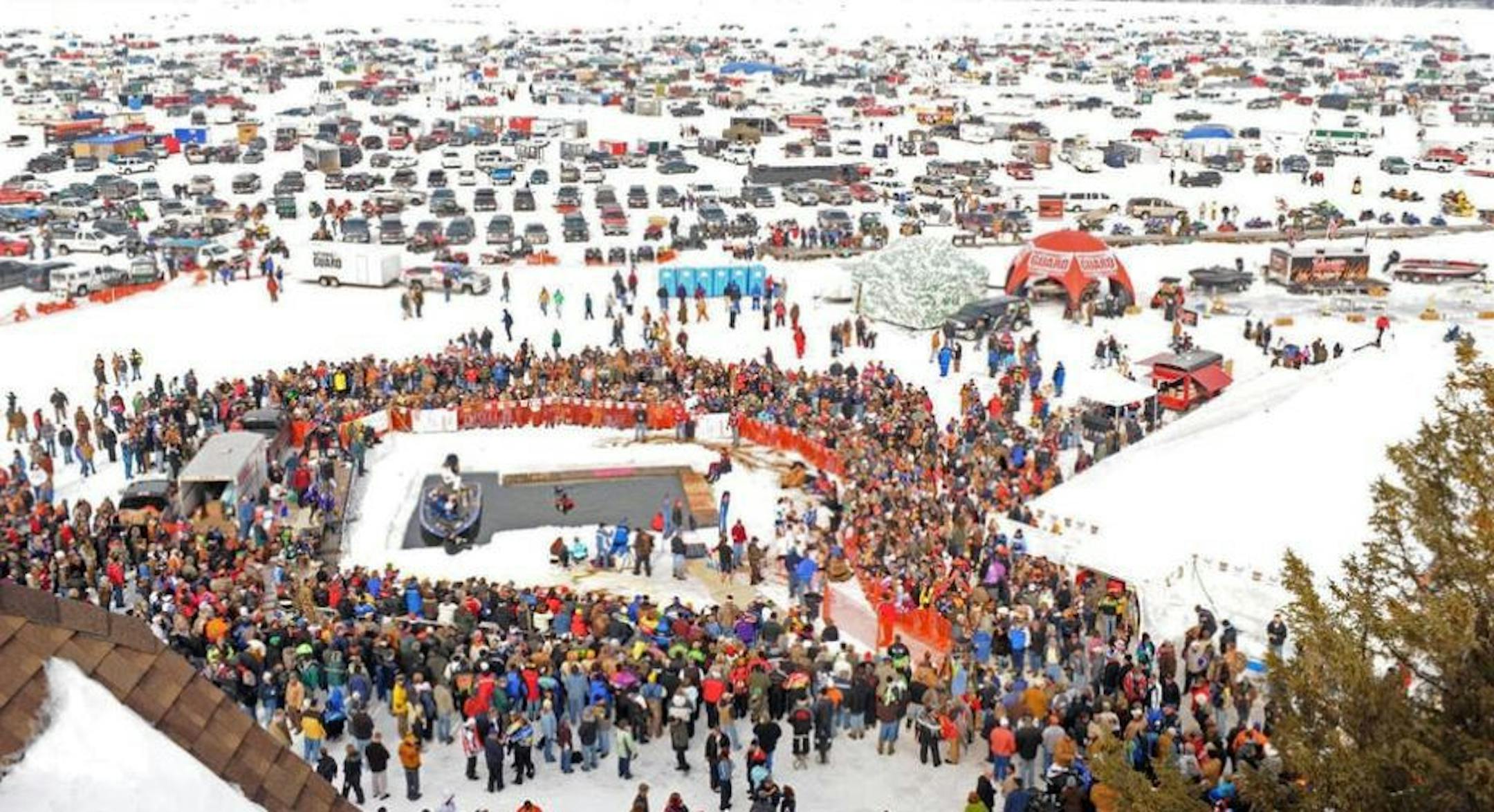 People and vehicles by the thousands on the lake is a common sight at the annual Eel Pout Festival.