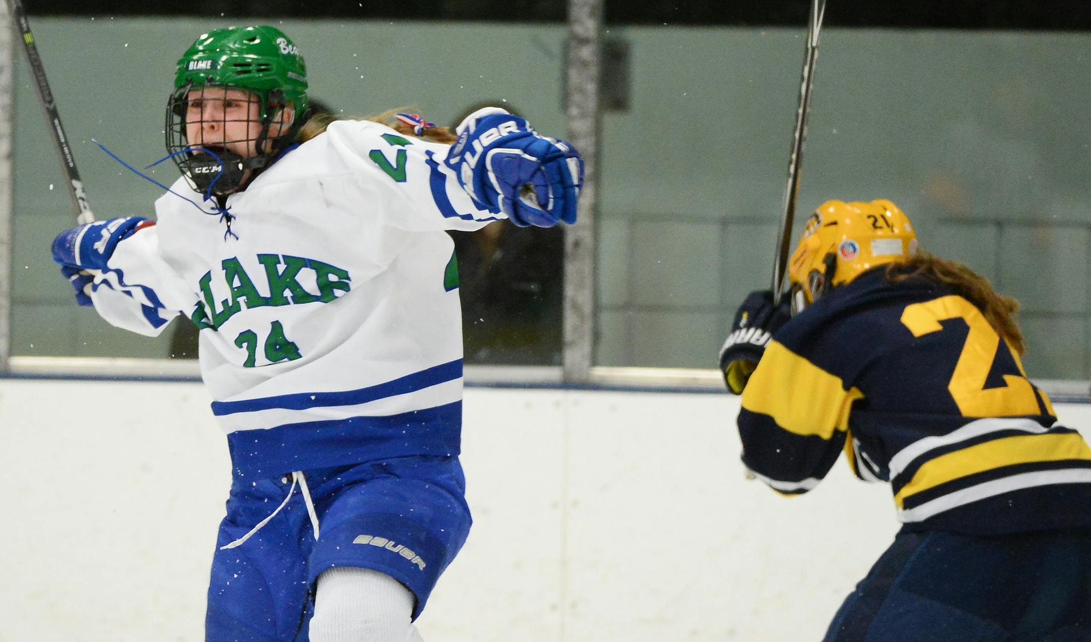 Blake forward Sara McClanahan (24) celebrated after scoring the game-winning goal in overtime against Breck Thursday night. ] (AARON LAVINSKY/STAR TRIBUNE) aaron.lavinsky@startribune.com Blake played Breck in the Class 1A, Section 5 girls' hockey final on Thursday, Feb. 11, 2016 at the Parade Ice Garden in Minneapolis, Minn.