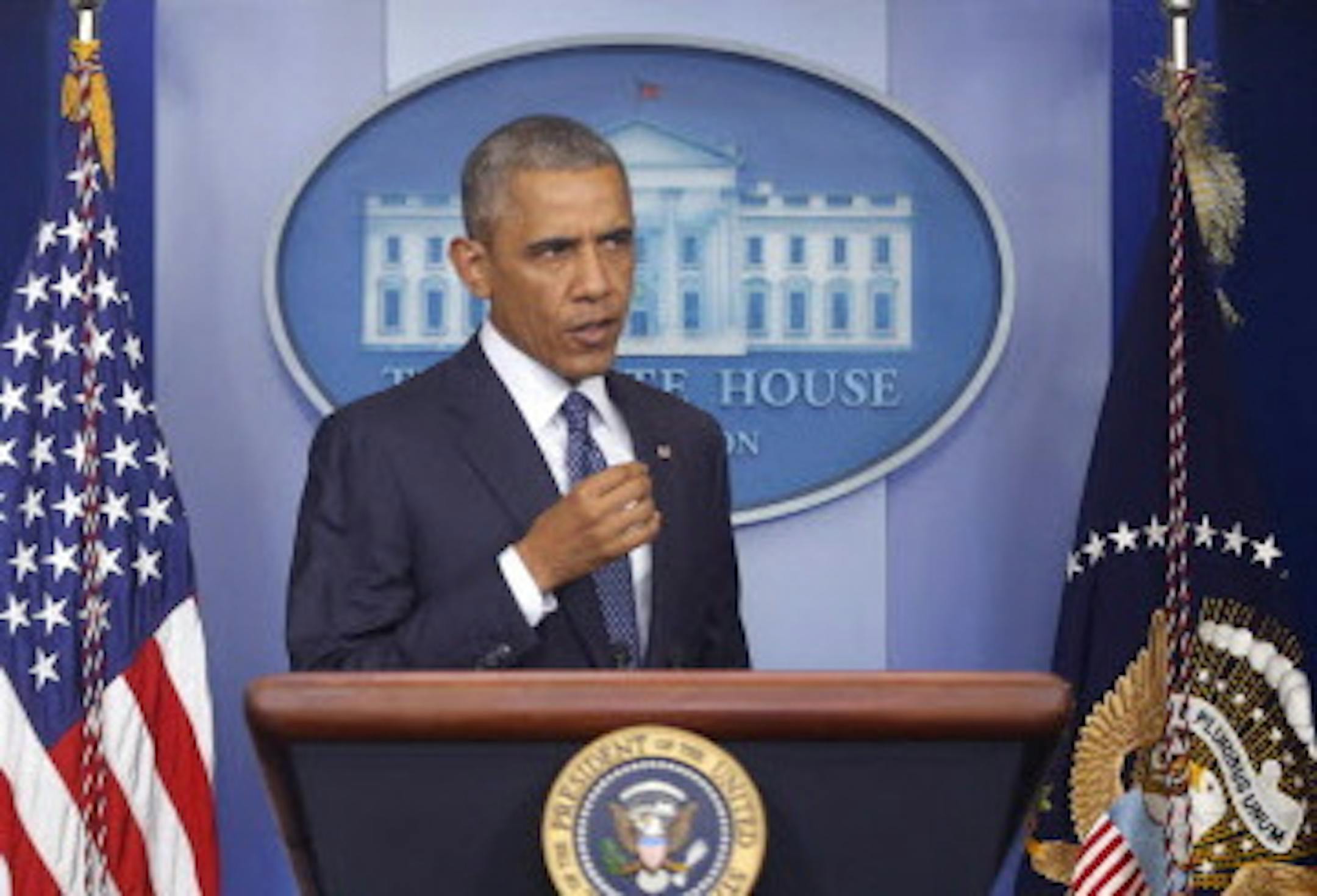 President Barack Obama arrives to speak about foreign policy and escalating sanctions against Russia in response to the crisis in Ukraine in the James Brady Press Briefing Room at the White House in Washington, Wednesday, July 16, 2014. (AP Photo/Charles Dharapak)