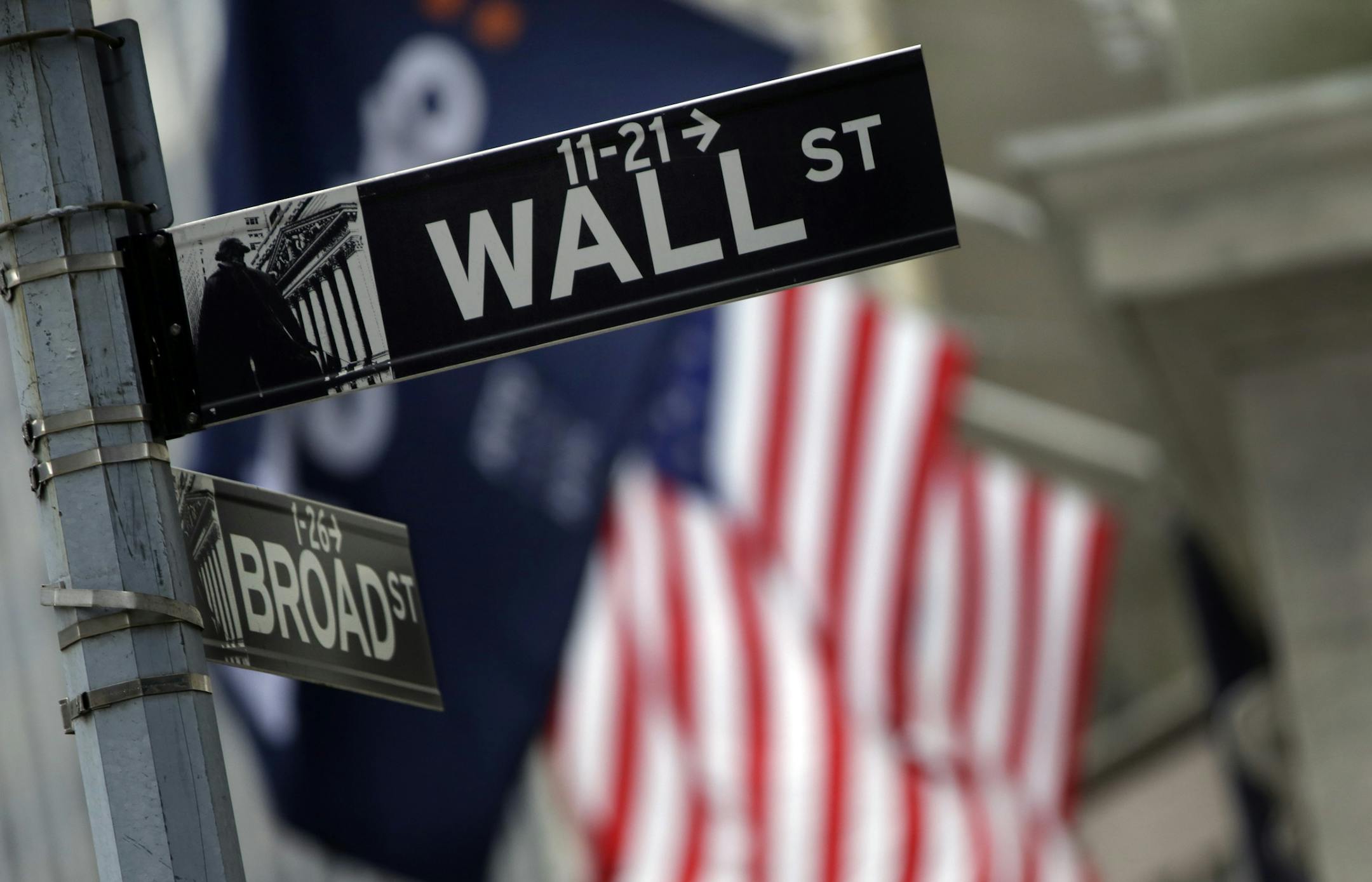 A Wall Street sign adjacent to the New York Stock Exchange, Thursday, Oct. 2, 2014. European stock markets opened with slight gains Thursday Dec. 11, 2014 after a nosedive in Asia as falling oil prices reinforced jitters about a sluggish global economy. (AP Photo/Richard Drew)