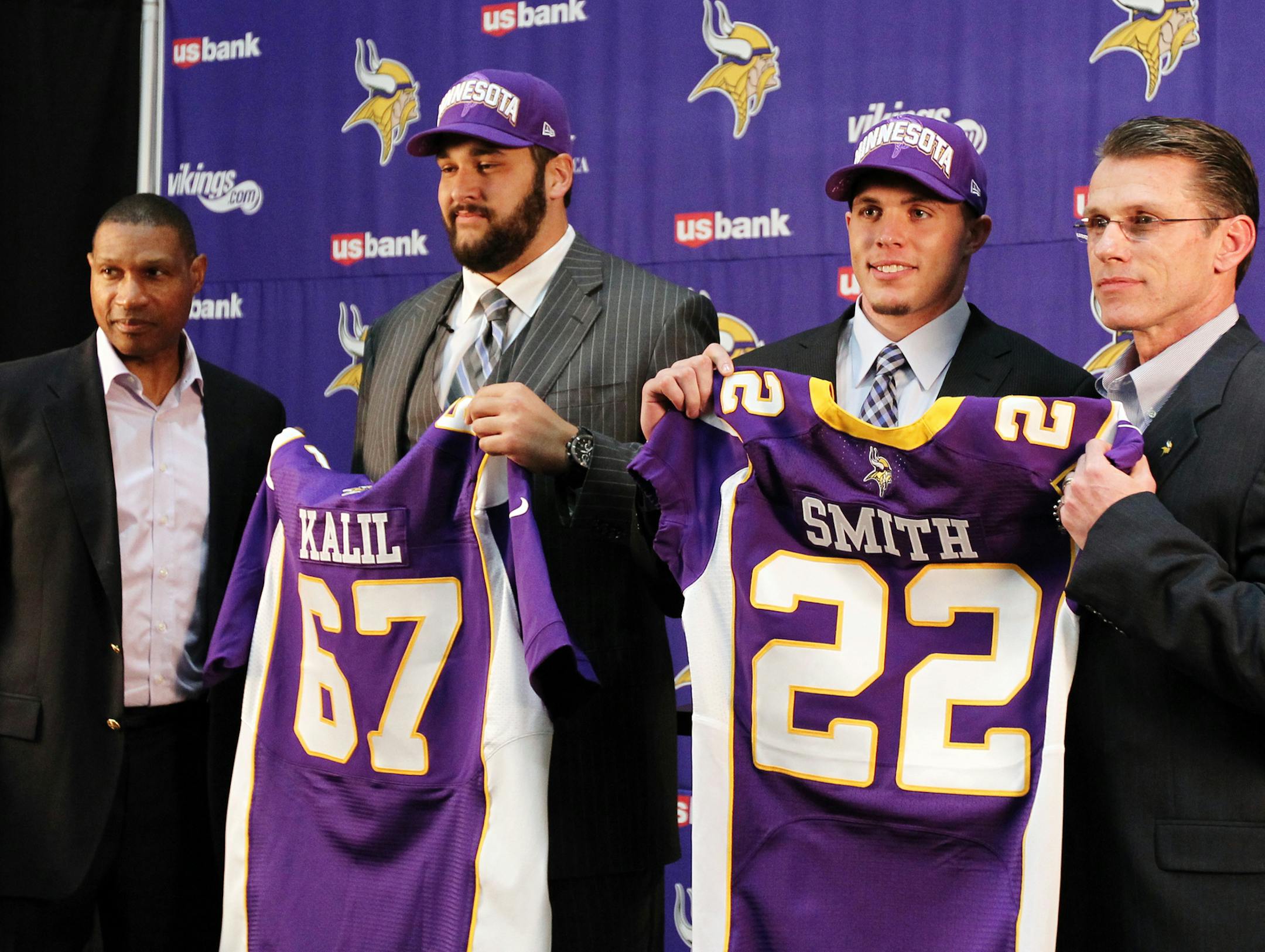 Minnesota Vikings first round draft picks Matt Kalil, second from left, and Harrison Smith are introduced by head coach Leslie Frazier, left, and general manager Rick Spielman, right, during a press conference at the team's practice facility Winter Park, in Eden Prairie, Friday, April 27, 2012. Kalil was the Vikings' 4th pick and Smith was the team's 29th.(Genevieve Ross/For the Star Tribune) ORG XMIT: MIN2013031217200209 ORG XMIT: MIN1303121723110647