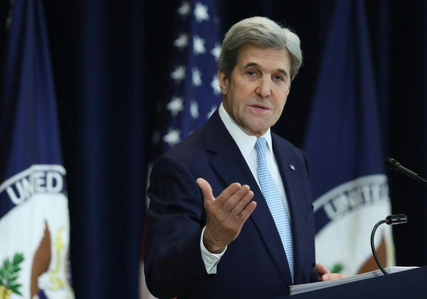 Secretary of State John Kerry speaks about Israeli-Palestinian policy, Wednesday, Dec. 28, 2016, at the State Department in Washington.