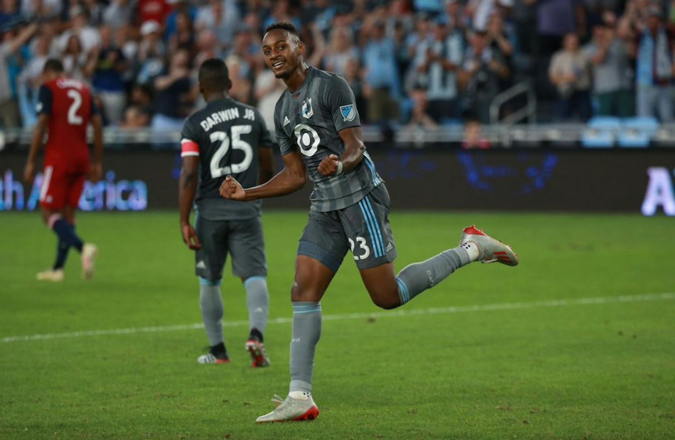 Minnesota FC forward Mason Toye (23) celebrates after scoring the game's only goal in stoppage time. ALEX KORMANN ¥ alex.kormann@startribune.com The Minnesota United FC took on FC Dalls on Saturday July 13, 2019 at Allianz Field in St. Paul, MN.