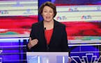 Sen. Amy Klobuchar, D-Minn., gestured during the first Democratic primary debate on June 26. Klobuchar's campaign is working to make sure she reaches 