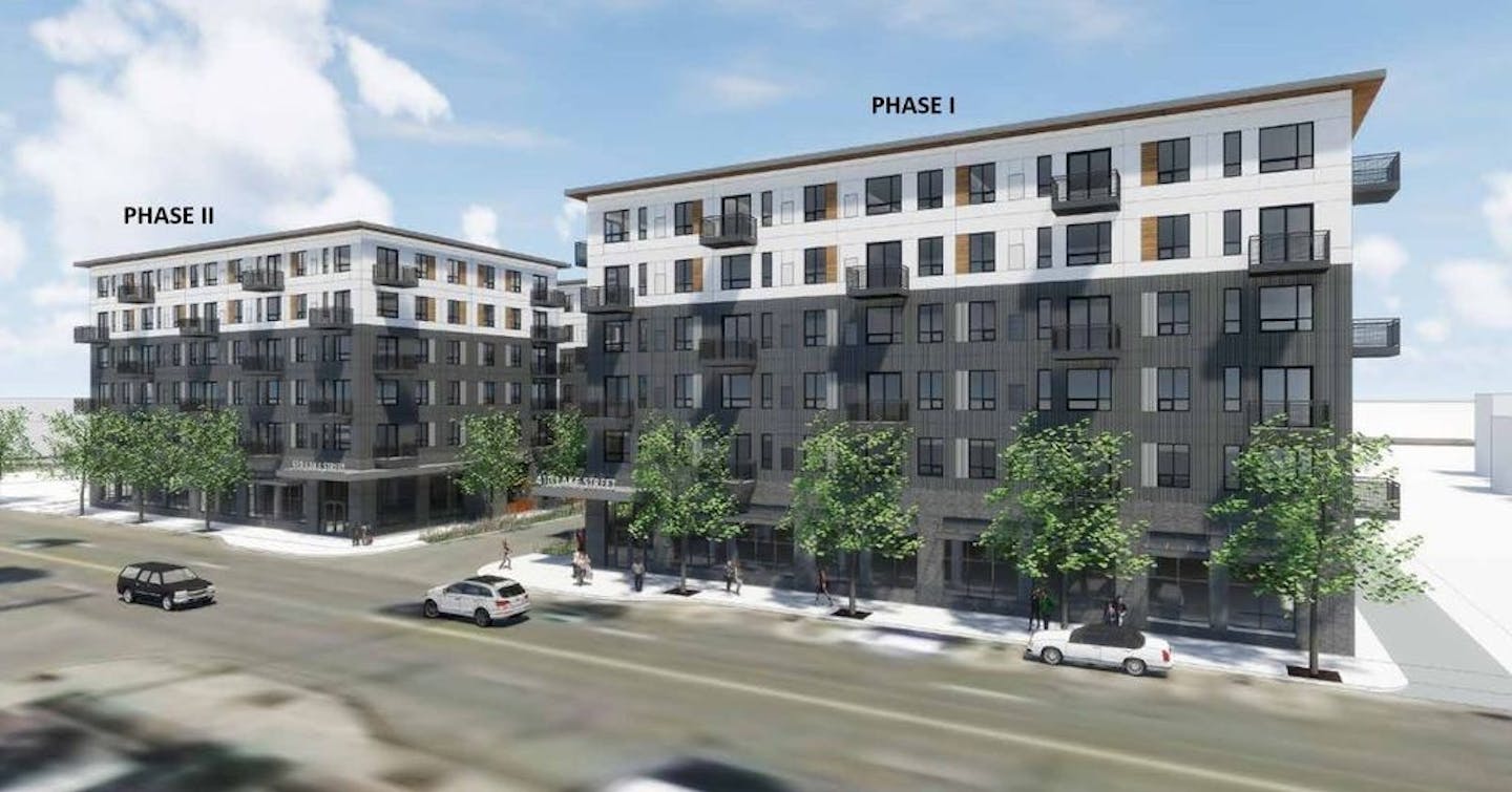 Lake Street Apartments on Lake Street and Harriet Avenue are proposed to have two phases which would have a total of 222 apartment units. Image courtesy Lupe Development Partners and ESG Architects