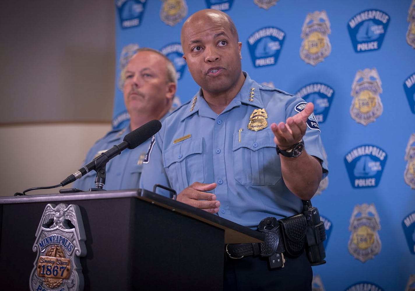 Minneapolis Police Chief Medaria Arradondo addressed the media at City Hall, Thursday, June 7, 2018 in Minneapolis, MN. The press conference was regarding the halt of a sting operation in downtown Minneapolis in which they have been arresting people who sell marijuana to undercover cops.