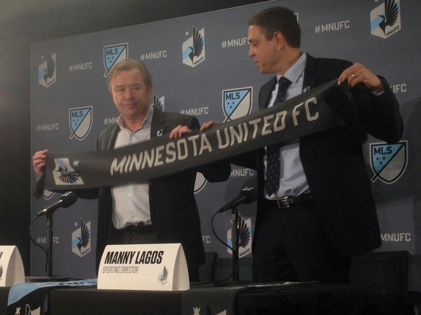 New Minnesota United FC coach Adrian Heath (left) was introduced a news conference Tuesday morning by club Sporting Director Manny Lagos.