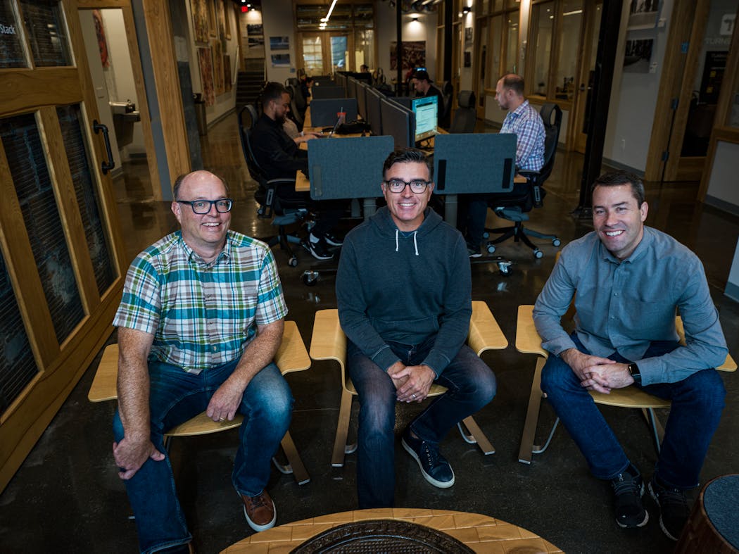 Twin Ignition Ventures partners Scott Aubitz, Ben Rasmussen and Seth Peter inside the Twin Ignition Startup Garage in northeast Minneapolis.
