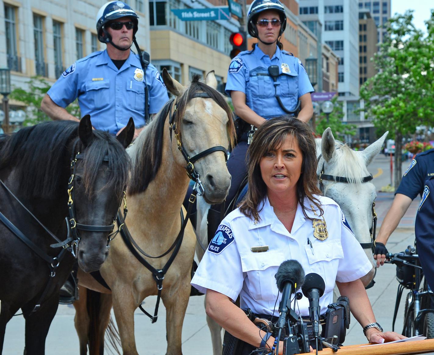 Minneapolis Police Chief Jane&#xe9; Harteau announced plans for All-Star game security which includes "Green Patrols" for the MLB game, using foot, bike and mounted patrols.The press conference happened at Peavey Plaza and featured officers from the bike patrol and mounted patrol. ]Richard.Sennott@startribune.com Richard Sennott/Star Tribune Minneapolis Minn. Tuesday 6/24/2014) ** (cq)