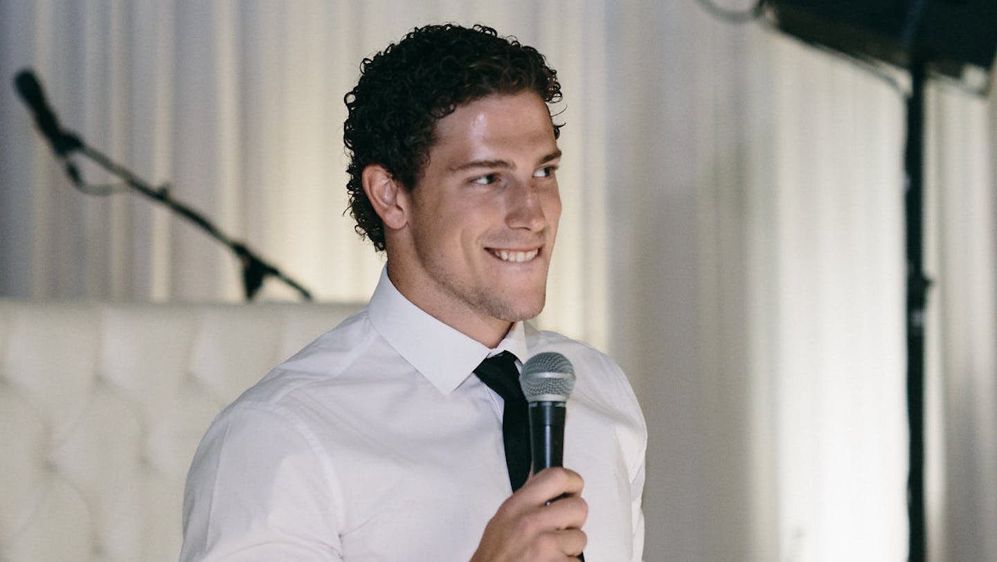 Charlie Coyle makes a speech as best man at the wedding of Carly and Jason Zucker. photo courtesy Carly Zucker.