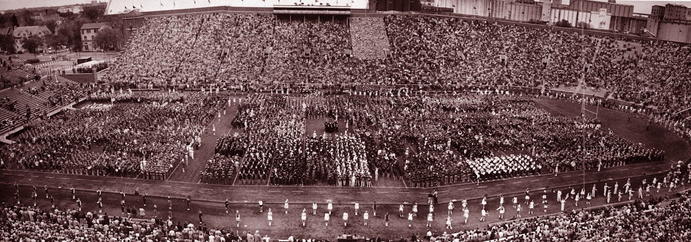 Band Day at the University of Minnesota, 1950s, Memorial Stadium ORG XMIT: A9v375iAzFGxjPnfLStZ