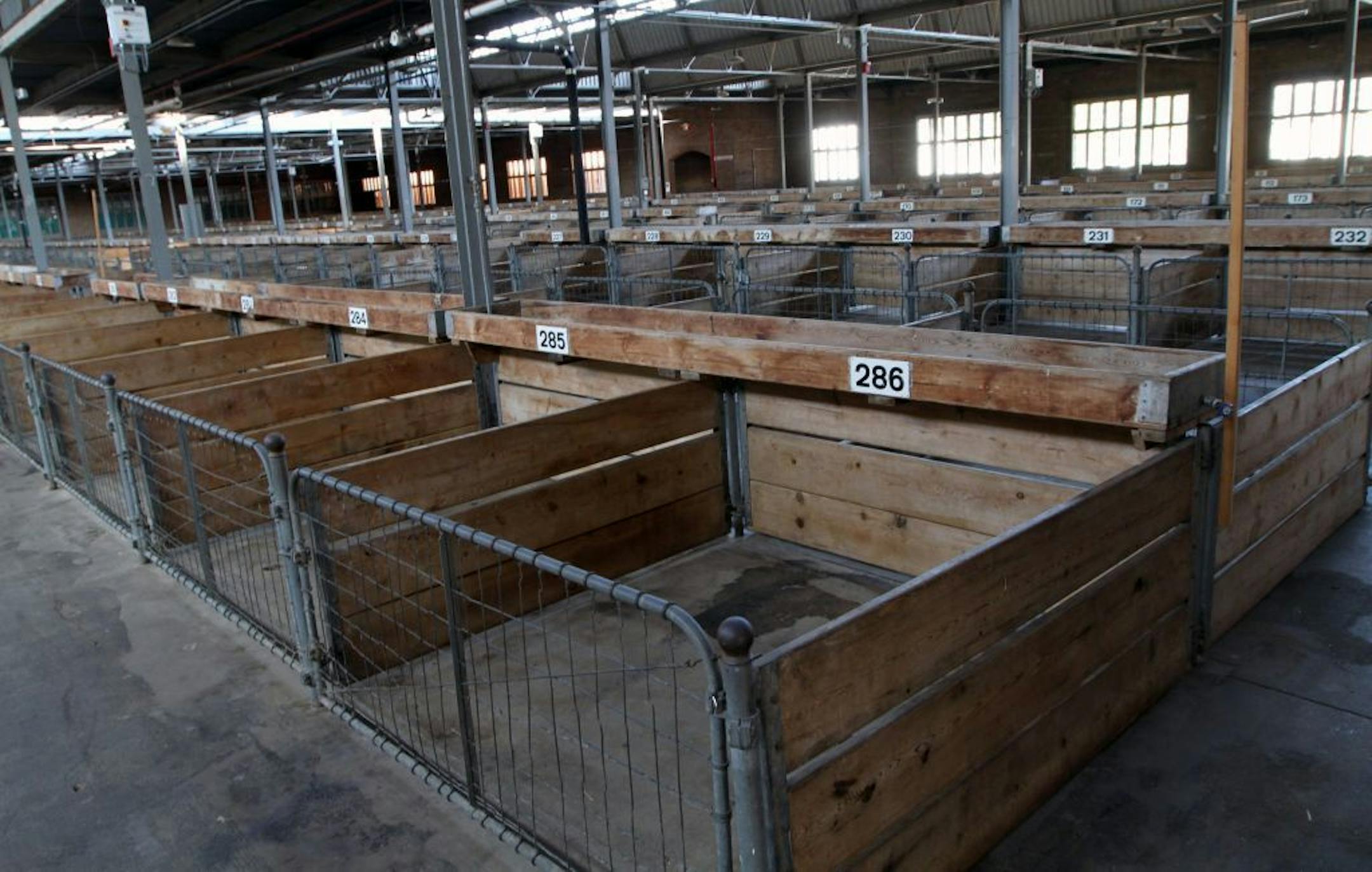 Pens at the Minnesota State Fair swine barn await animals in preperation for the opening of the fair this Thursday.