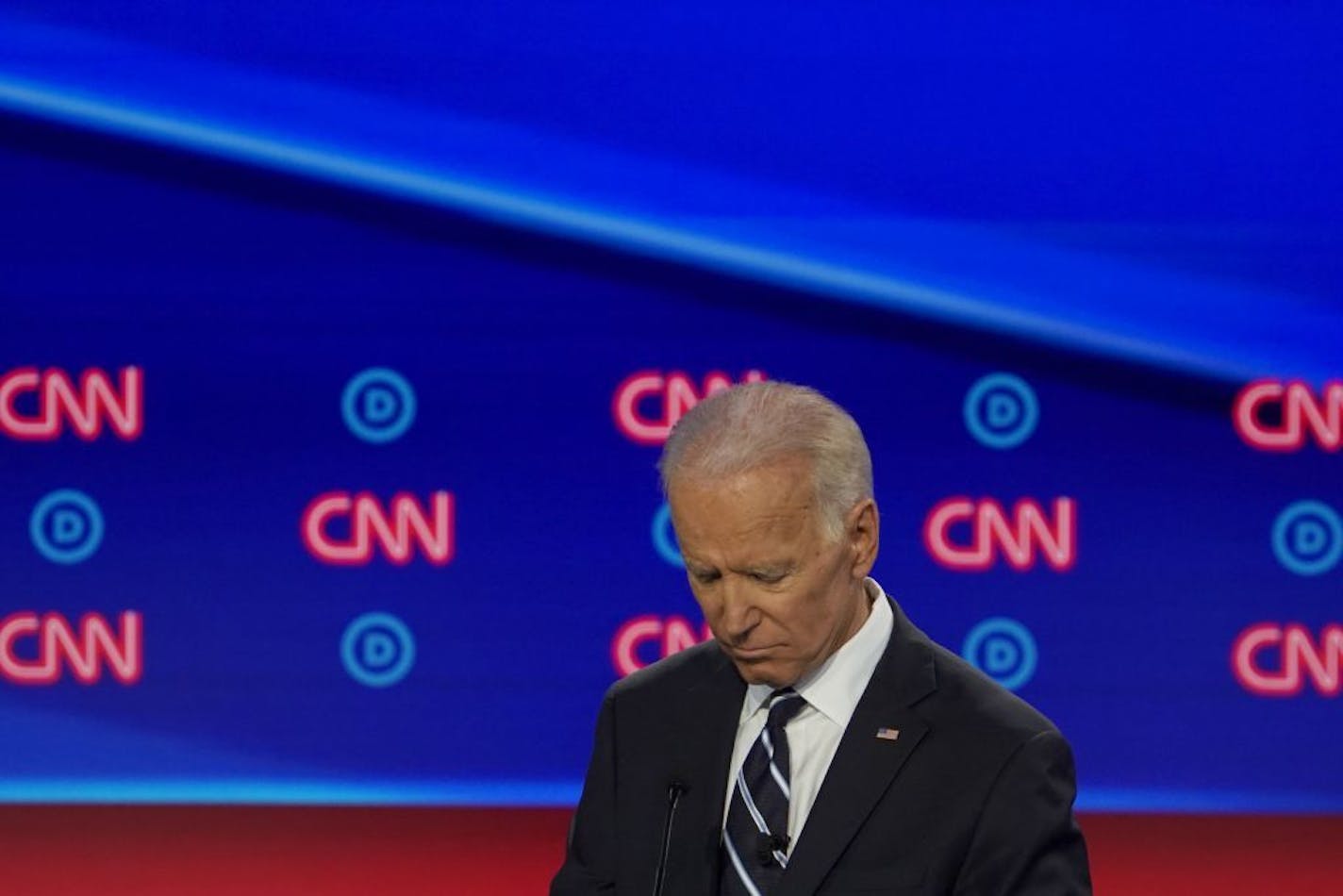 Former Vice President Joe Biden during the second night of Democratic presidential debates, hosted by CNN at the Fox Theatre in Detroit, July 31, 2019.