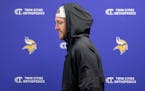 Minnesota Vikings’ tight end T.J. Hockenson takes to the podium for a news conference Monday at the TCO Performance Center in Eagann.