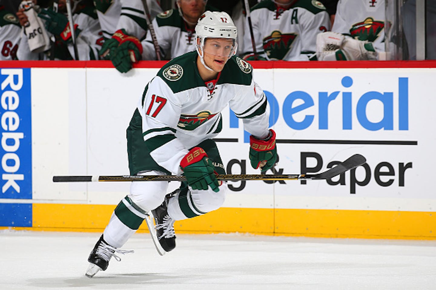 NEW YORK, NY - OCTOBER 23:  Teemu Pulkkinen #17 of the Minnesota Wild skates against the New York Islanders at the Barclays Center on October 23, 2016 in Brooklyn borough of New York City. Islanders defeated the Wild 5-3.  (Photo by Mike Stobe/NHLI via Getty Images)