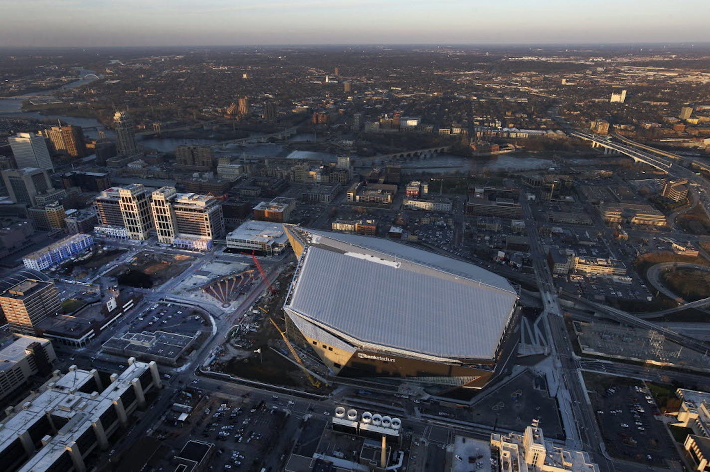 Wells Fargo and the Vikings are arguing over signs, which aren't visible from the street, on towers in the upper left of this image.