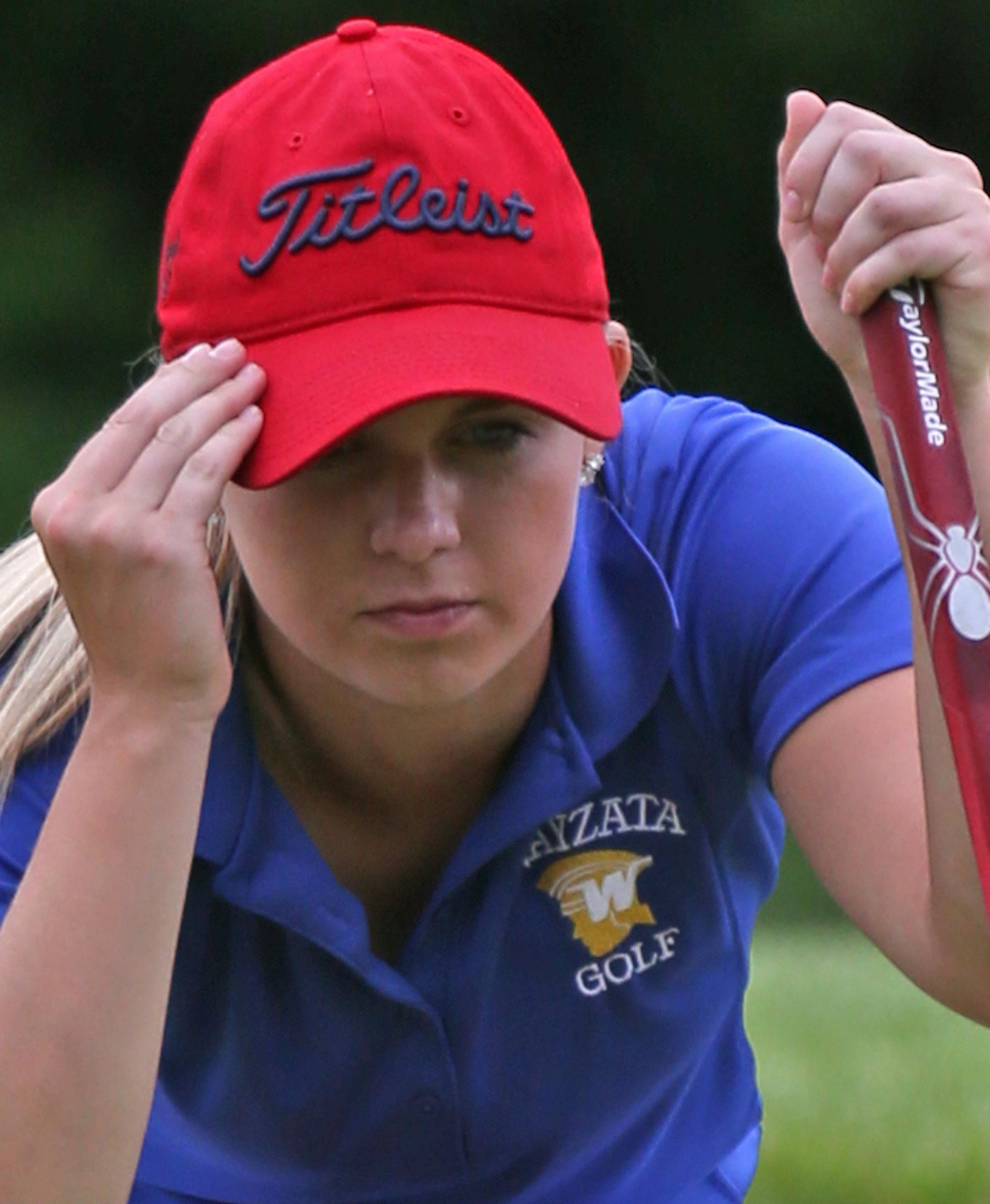 Wayzata's Sarah Burnham lined-up a putt on the 3rd hole on the west course, during the second day of the Girls Class AAA Golf Tournament, Bunker Hills Golf Course, Coon Rapids MN.] Bruce Bisping/Star Tribune bbisping@startribune.com Sarah Burnham/roster.