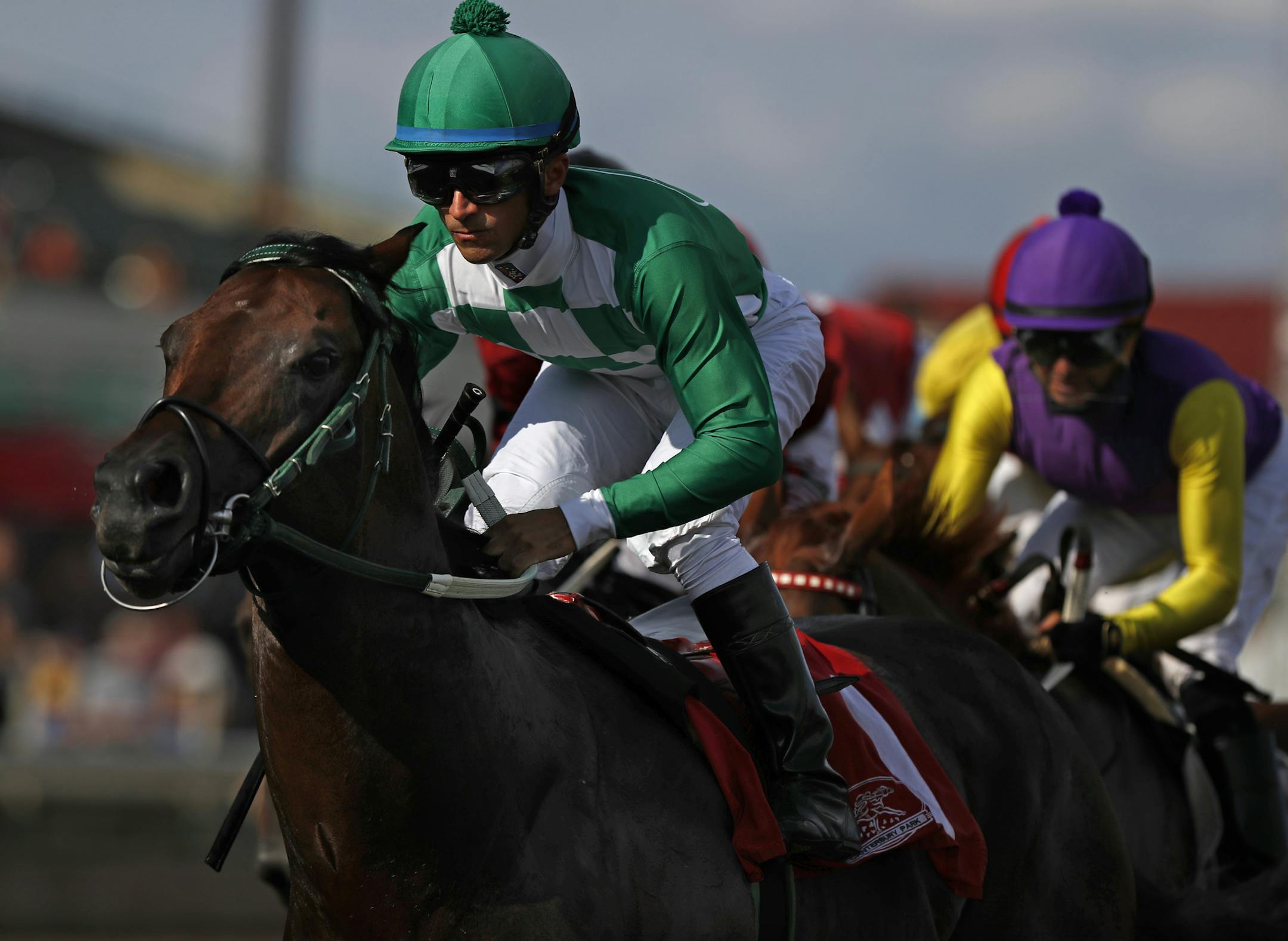 Leandro Goncalves on Mr. Jagermeister(1) was the prohibitive favorite in the 8th race that won.] Coverage of the Festival of Champions at Canterbury Park, Shakopee. 9/2/18Richard Tsong-Taatarii•Richard.Tsong-Taatarii@startribune.com ORG XMIT: MIN1809021933290246