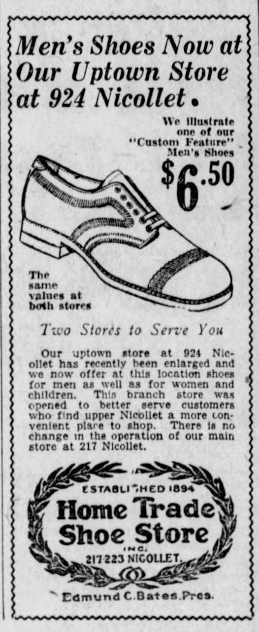 A 1929 advertisement in the Minneapolis Star heralds a new Uptown shoe store at 9th Street and Nicollet Avenue, well north of what is now known as Uptown.