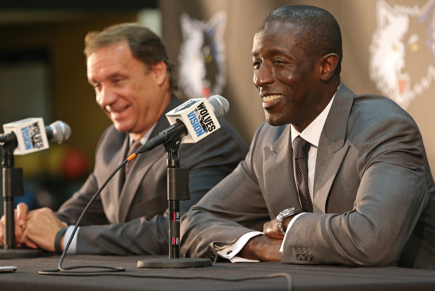 (left to right) Wolves President of Basketball Operations Flip Saunders introduced the Wolves new General Manager Milt Newton during a press conference at the Target Center on 9/10/13.