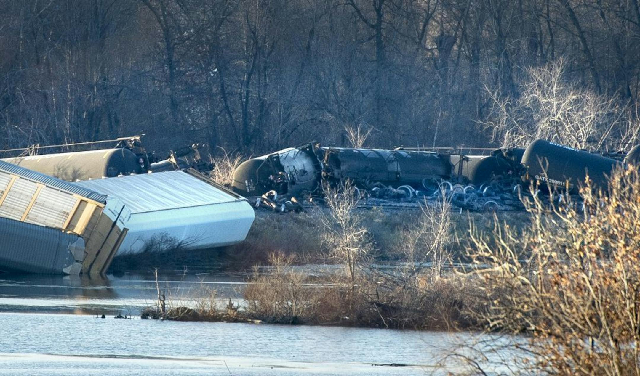 Train cars were overturned outside of Alma with some cars in the Mississippi River.