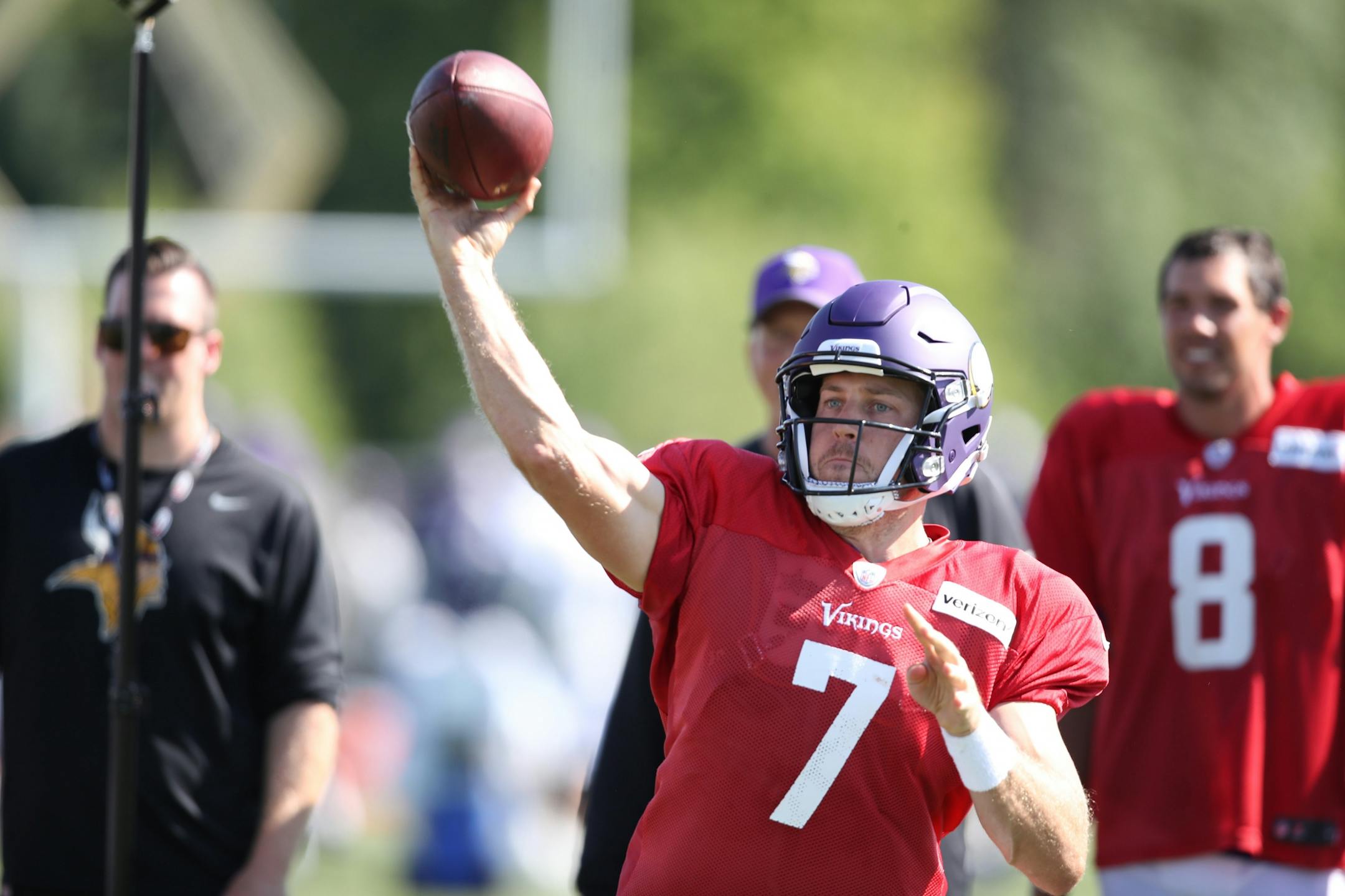 Minnesota Vikings quarterback Case Keenum (7) threw a pass during practice at Minnesota State University Mankato Saturday July 29, 2017 in Mankato , MN.