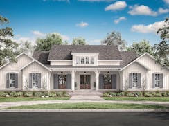 Home plan: A wide front porch, large windows (with chic shutters), and board and batten siding deliver loads of curb appeal to this farmhouse design.