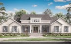 Home plan: A wide front porch, large windows (with chic shutters), and board and batten siding deliver loads of curb appeal to this farmhouse design.