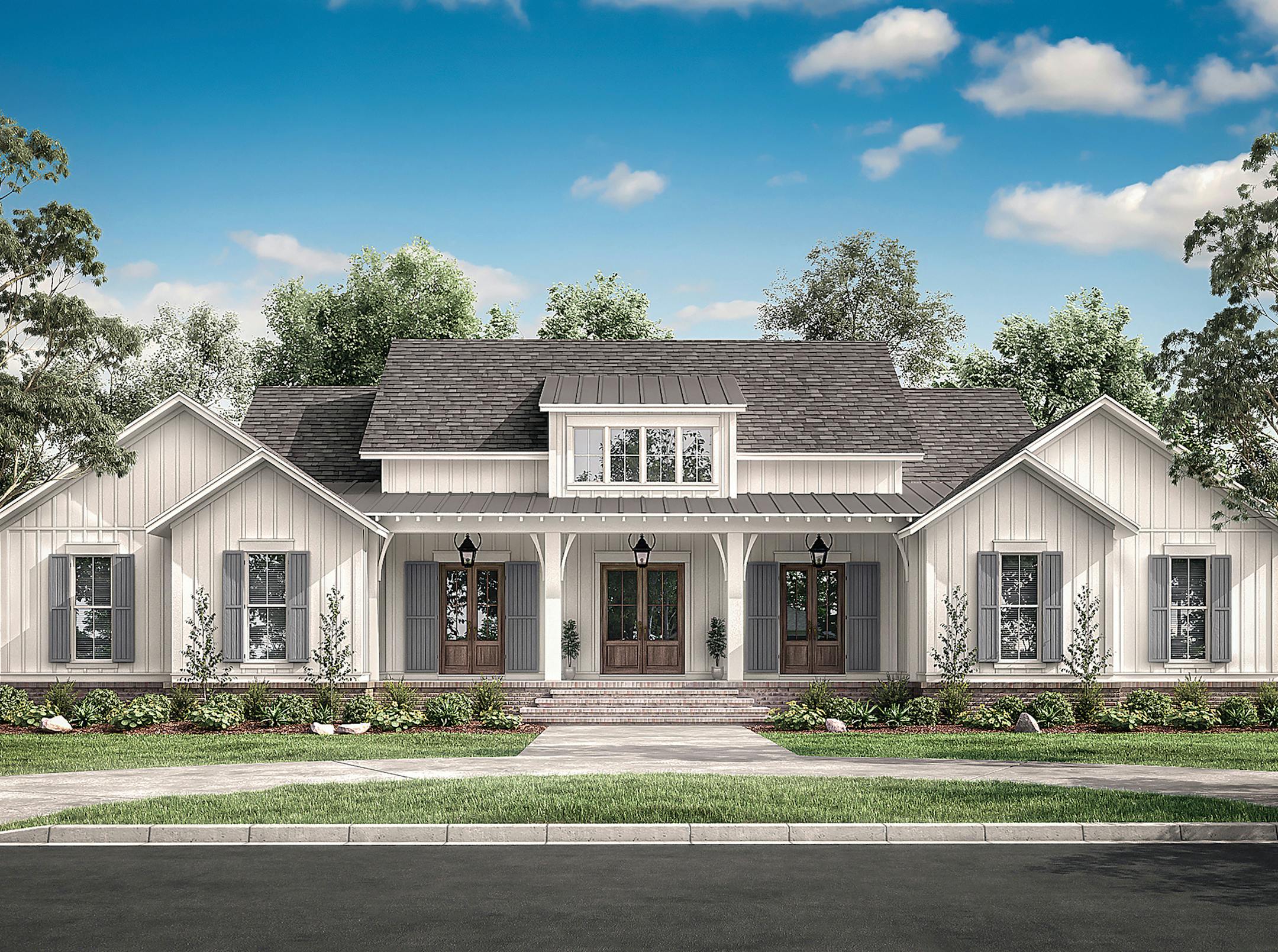 Home plan: A wide front porch, large windows (with chic shutters), and board and batten siding deliver loads of curb appeal to this farmhouse design.