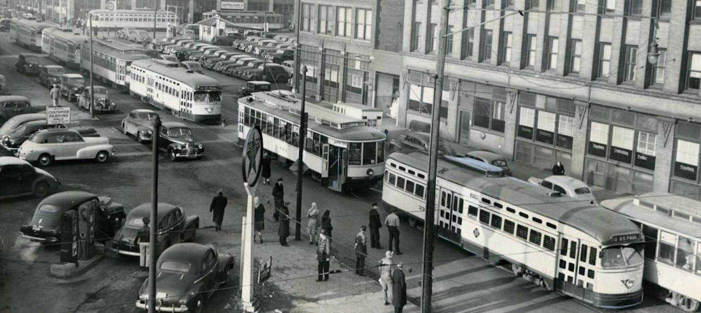 A line of streetcars at the corner of 4th Street and 5th Avenue S., Minneapolis, in 1947.