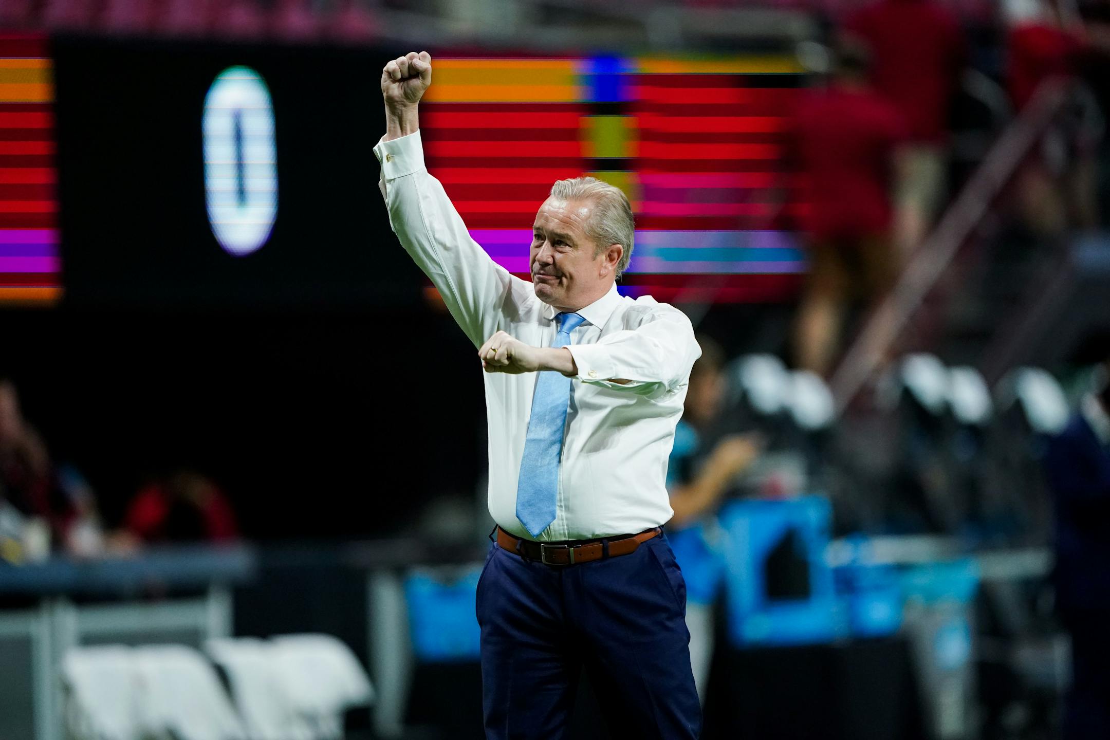 Minnesota United head coach Adrian Heath responds to Minnesota fans prior to the game against the Atlanta United for the U.S. Open Cup at Mercedes-Benz Stadium in Atlanta on Tuesday, Aug. 27, 2019. Photo by Kevin D. Liles for the Star Tribune