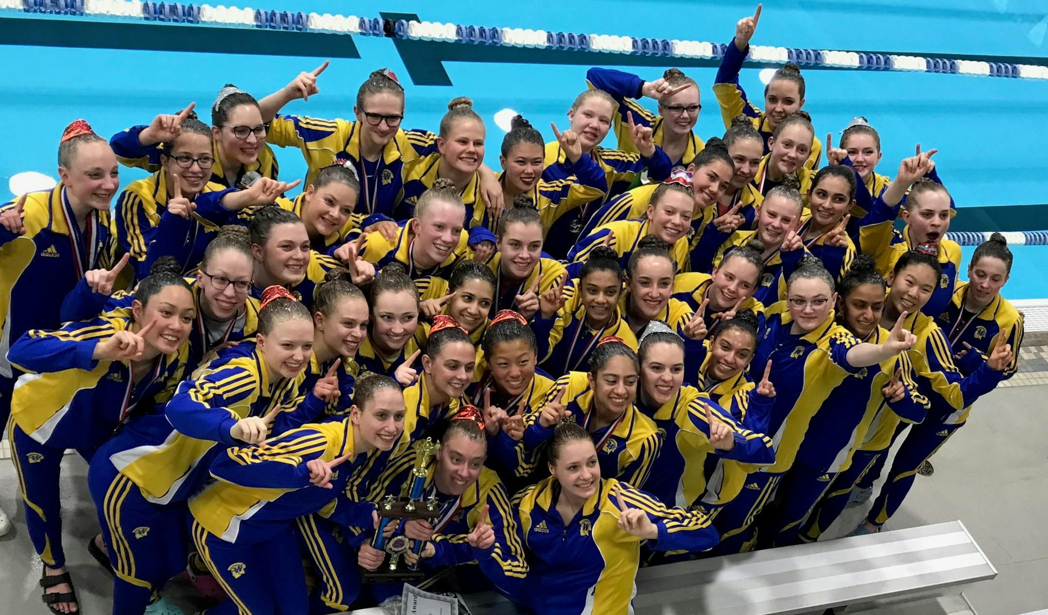 Members of the Wayzata synchronized swimming team who won their 13th consecutive state title in May 2019. Photo courtesy Wayzata synchronized swimming team.