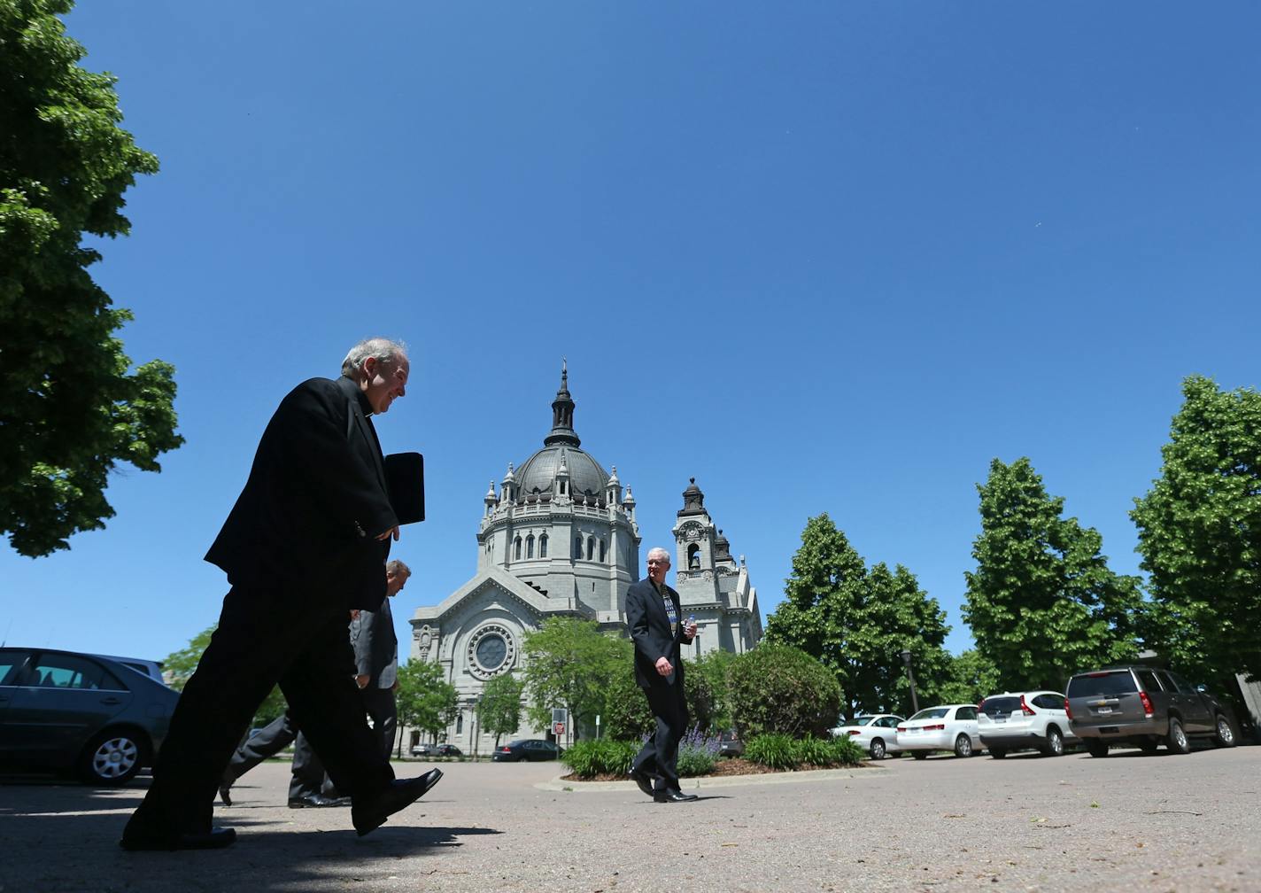 In this 2016 file photo, Archbishop Bernard Hebda left a news conference after speaking to the media about the archdiocese's bankruptcy plan Thursday, May 26 2016 in St. Paul.