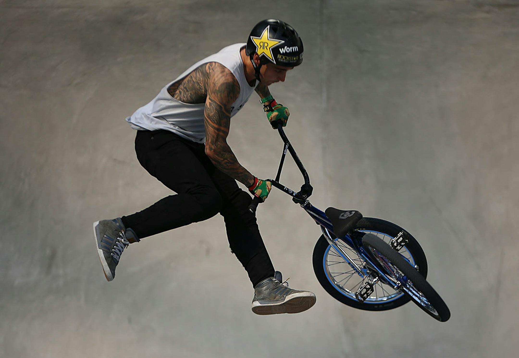 Logan Martin, the eventual gold medal winner, pulls off a trick in the men's BMX park final.