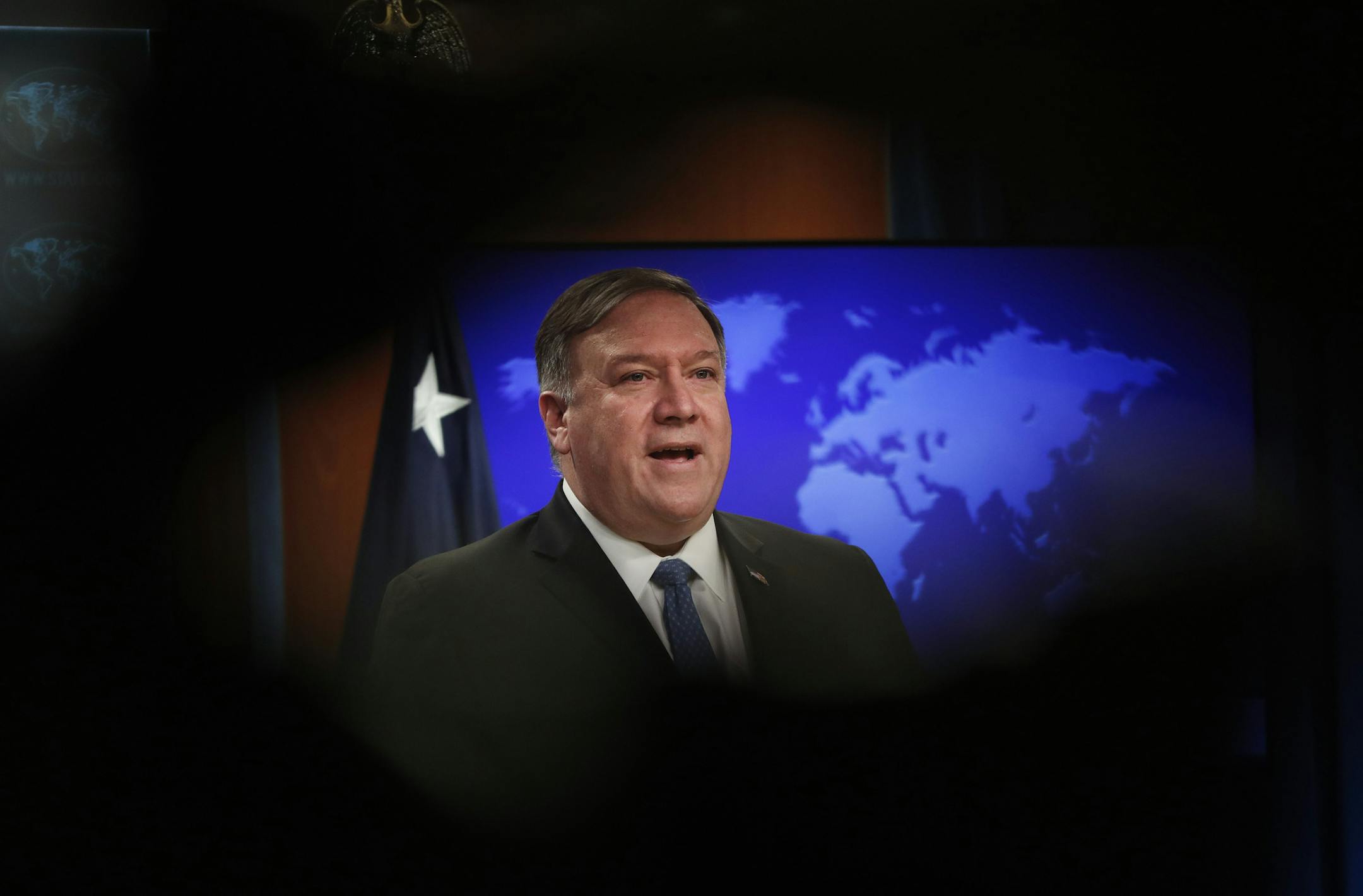 Secretary of State Mike Pompeo speaks during a news conference at the State Department in Washington, Wednesday, April 17, 2019. The Trump administration announced that it's allowing lawsuits against foreign companies operating in properties seized from Americans in Cuba, a major policy shift that has angered European and other allies.(AP Photo/Pablo Martinez Monsivais)