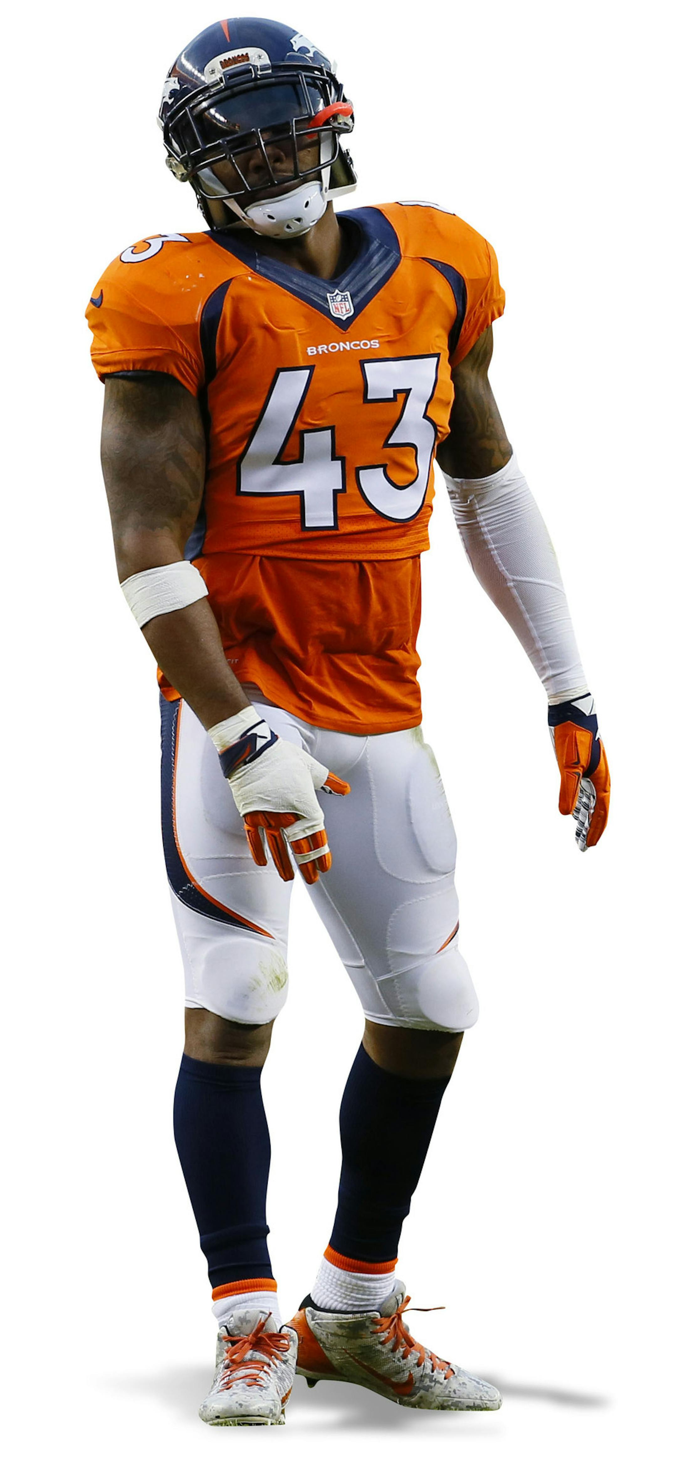 Denver Broncos strong safety T.J. Ward (43) reacts to a penalty call during an NFL football game between the Denver Broncos and the Kansas City Chiefs, Sunday, Nov. 15, 2015, in Denver. (AP Photo/Jack Dempsey) ORG XMIT: OTK