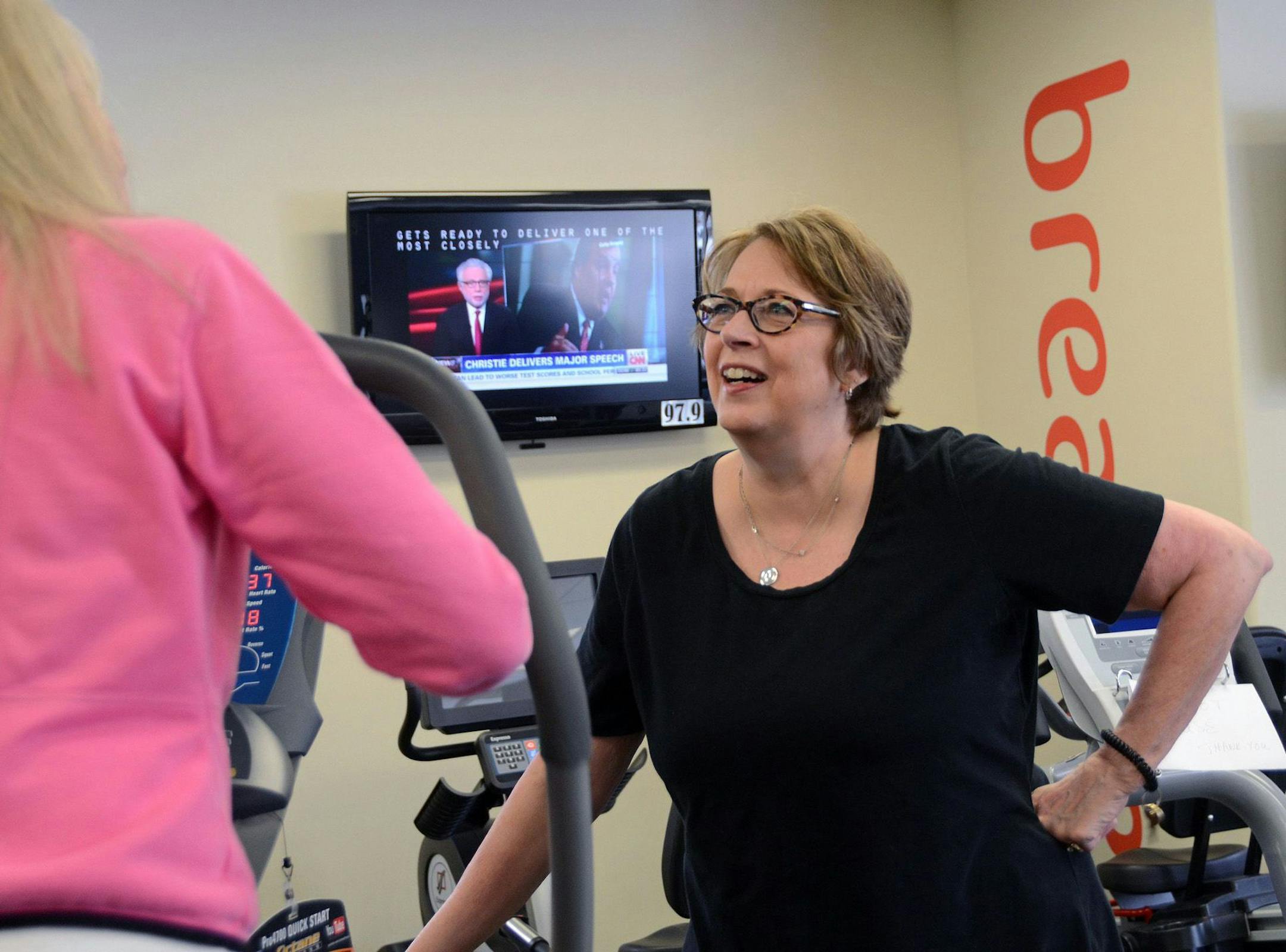 (Left to right) Ki McCue worked out on the elliptical and chatted with Welcyon member Sharon Merges. McCue is the vice president of Franchise Sales at Welcyon. ]Joey McLeister,Special to the Star Tribune,Edina,MN January14,2014