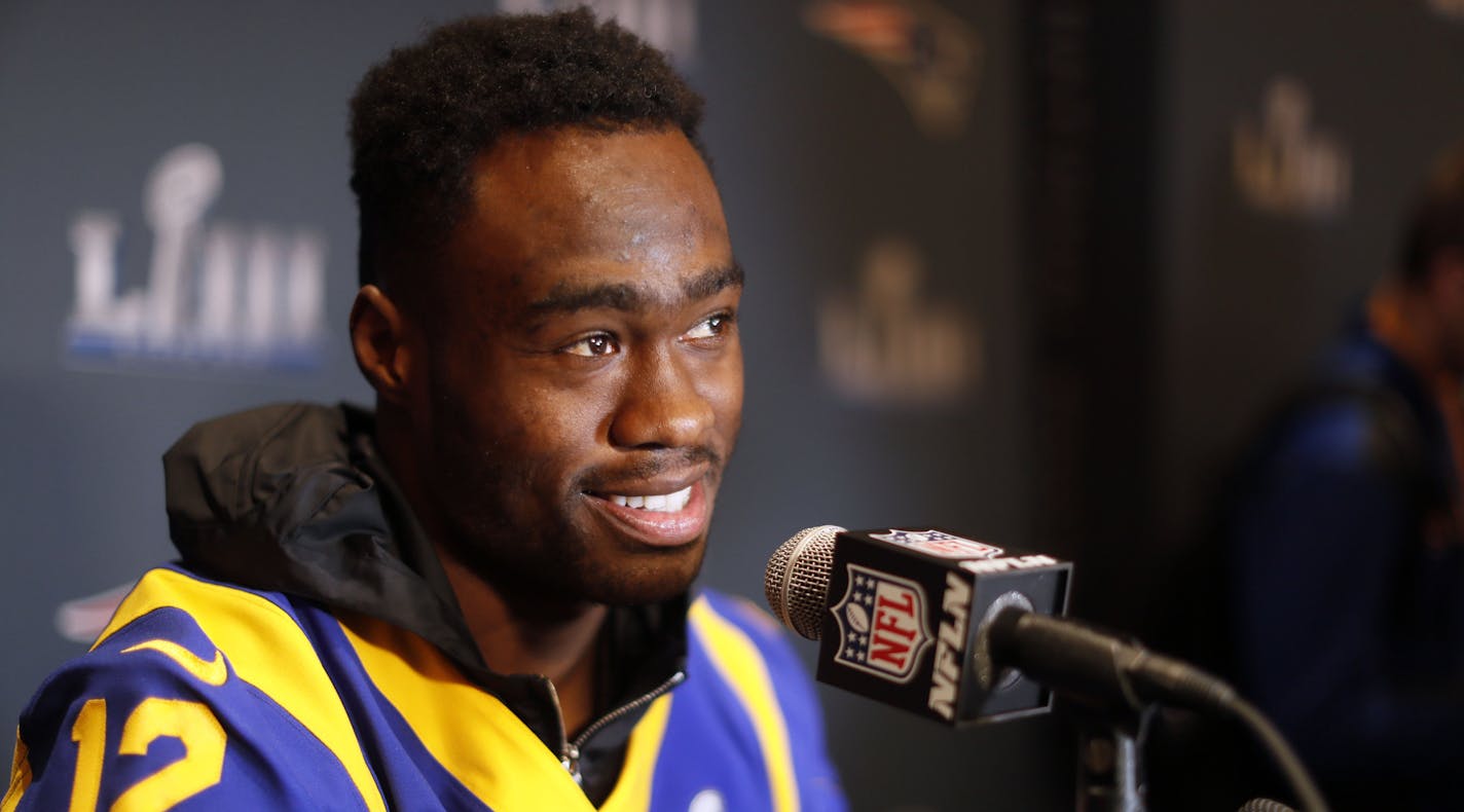 Los Angeles Rams wide receiver Brandin Cooks (12) talks during the final Los Angeles Rams media interviews before the Super Bowl on Jan. 31, 2019 in Atlanta, Ga. (Bob Andres/Atlanta Journal-Constitution/TNS)