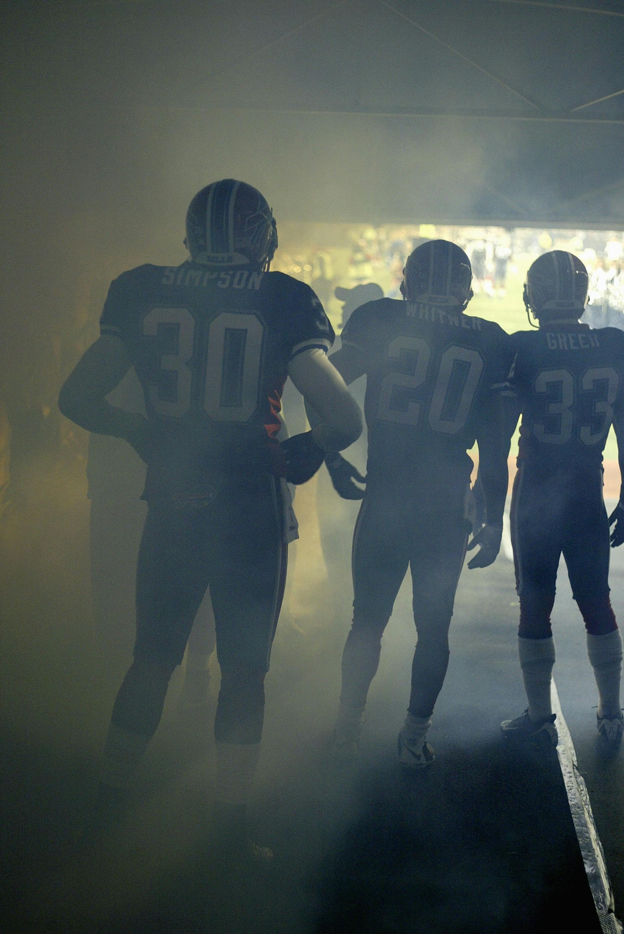 ORCHARD PARK - NOVEMBER 17: Ko Simpson #30, Donte Whitner #20 and Jabari Greer #33 of the Buffalo Bills wait in the tunnel before the game against the Cleveland Browns on November 17, 2008 at Ralph Wilson Stadium in Orchard Park, New York.