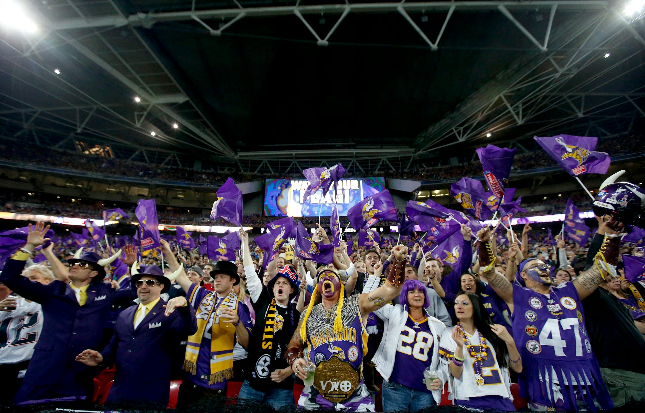 Vikings fans cheered on the team against the Pittsburgh Steelers in London's Wembley Stadium in 2013. The NFL announced Tuesday that the Vikings will be heading back to London next season to play a regular-season game against the Cleveland Browns. It will be one of four NFL games played in England next year.