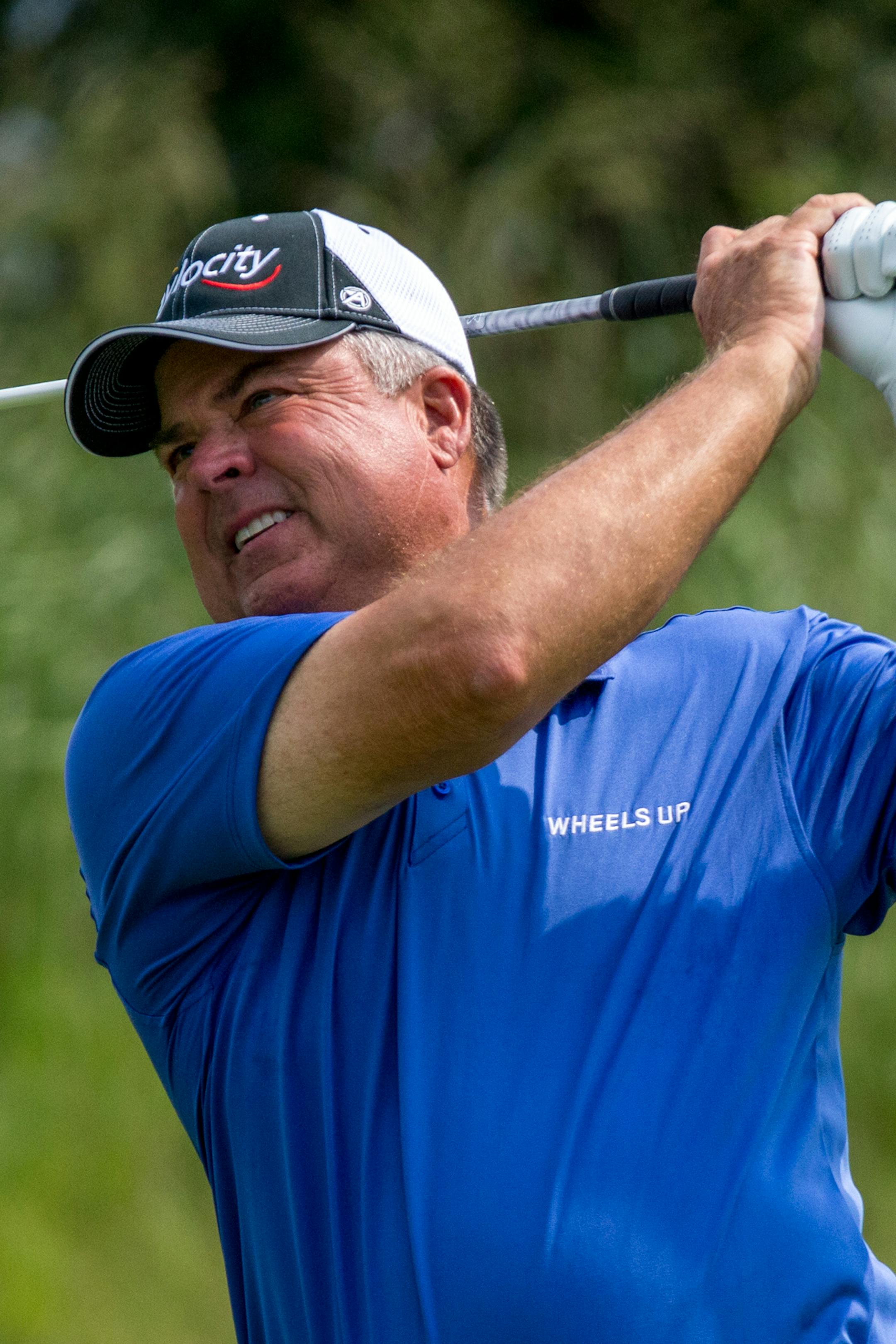 Kenny Perry tees off on the 12th hole during round two of the 3M Championship at TPC Twin Cities on Saturday. Perry and Paul Goydos are the two leaders for round two. ] COURTNEY PEDROZA &#x2022; courtney.pedroza@startribune.com; Second day of 3M Golf Tournament at TPC Twin Cities in Blaine, on Saturday, Aug. 5, 2017; Second Round of Championship Play;