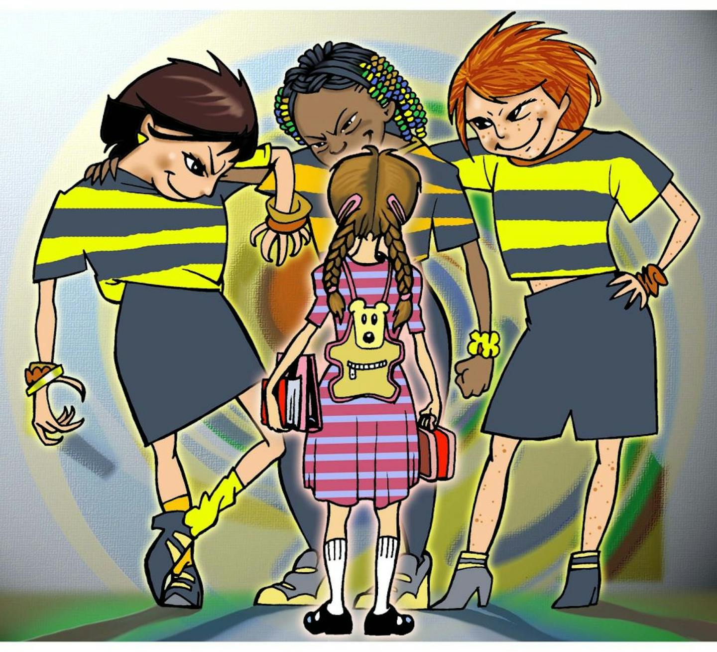 300 dpi 4 col x 7 in / 196x178 mm / 667x605 pixels John Roberge color illustration of young girl being blocked by a sinister gang of bigger girls. Talahassee Democrat 2002 <p>
KEYWORDS: mean girls girl clique school peer pressure gang schoolgirl bully gang popular popularity tease teasing illustration muchacha nina escuela pandilla pena colegiala cuaadrilla malas ilustracion grabado contributed ta roberge diversity youth women woman 2002