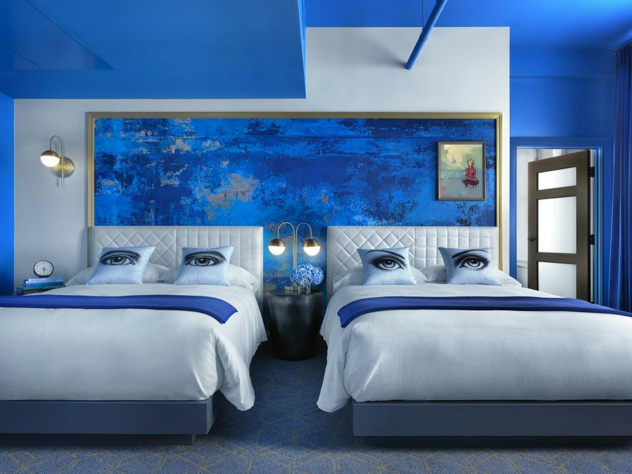 A blue color scheme is meant to evoke a sense of tranquility at the new Angad Arts Hotel in St. Louis, a color-themed hotel. So far, blue has been the most popular color for online reservations.