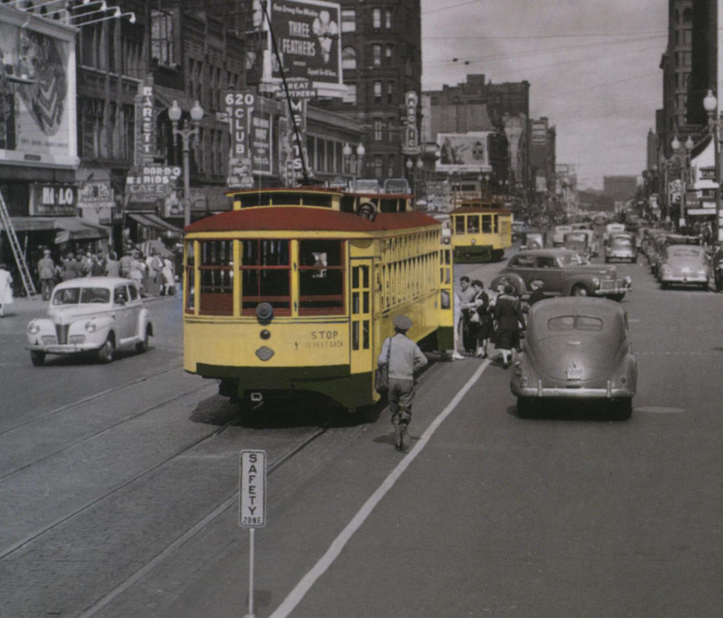 Minneapolis streetcars picked up passengers at 7th Street and Hennepin Avenue S. in 1945. The fondly remembered public transportation ran in the Twin Cities until 1954, when it was replaced by the less expensive, and more adaptable, bus.